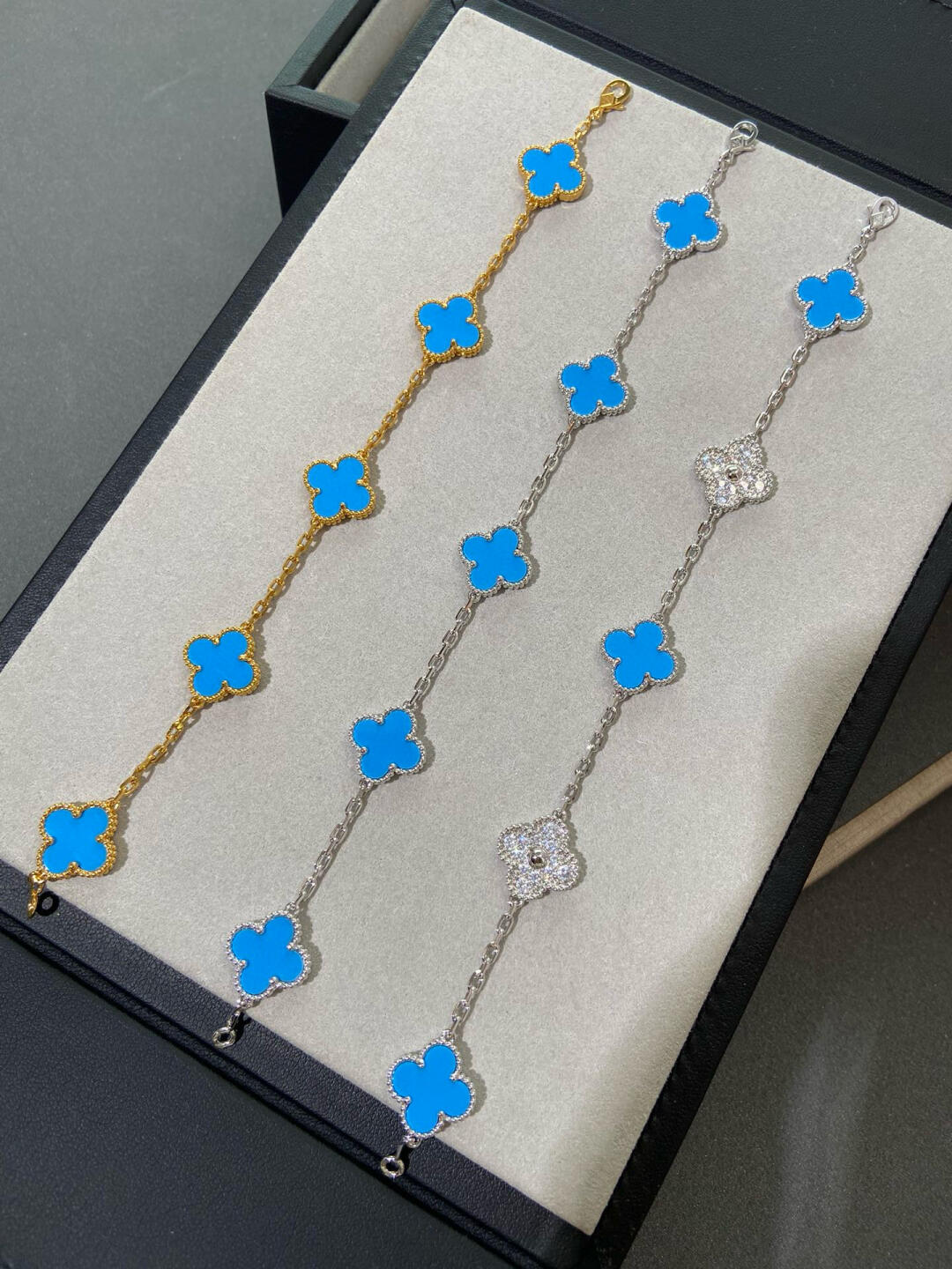 Dupe Van Cleef & Arpels Blue Agate VIntage Alhambra Bracelet, 5 Motifs