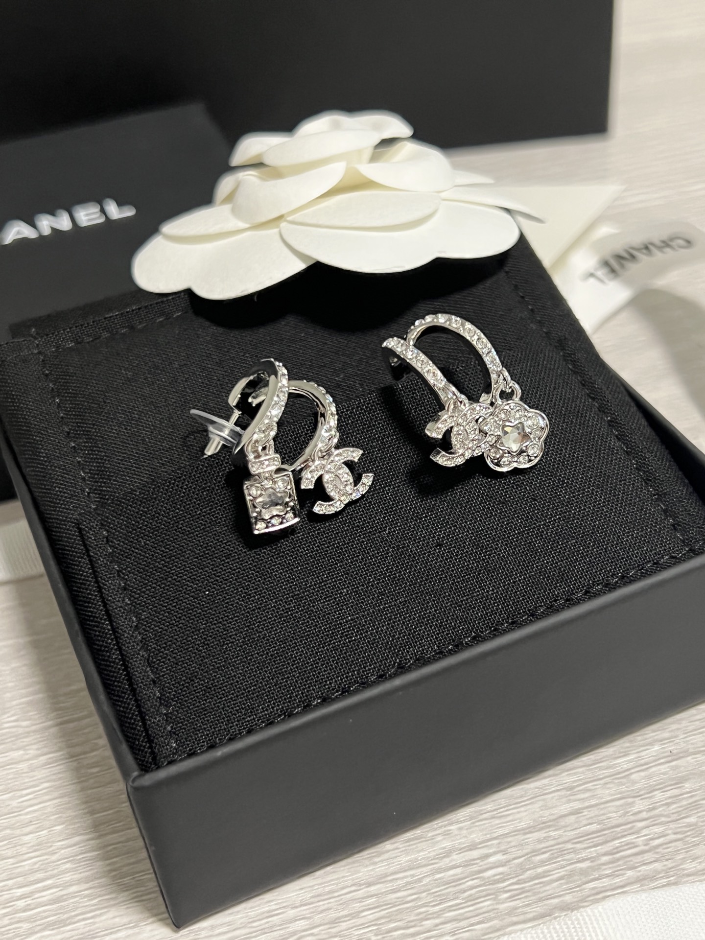 Chanel Asymmetric Silver Earrings with Rhinestone Perfume Bottle Camellia CC Dangle