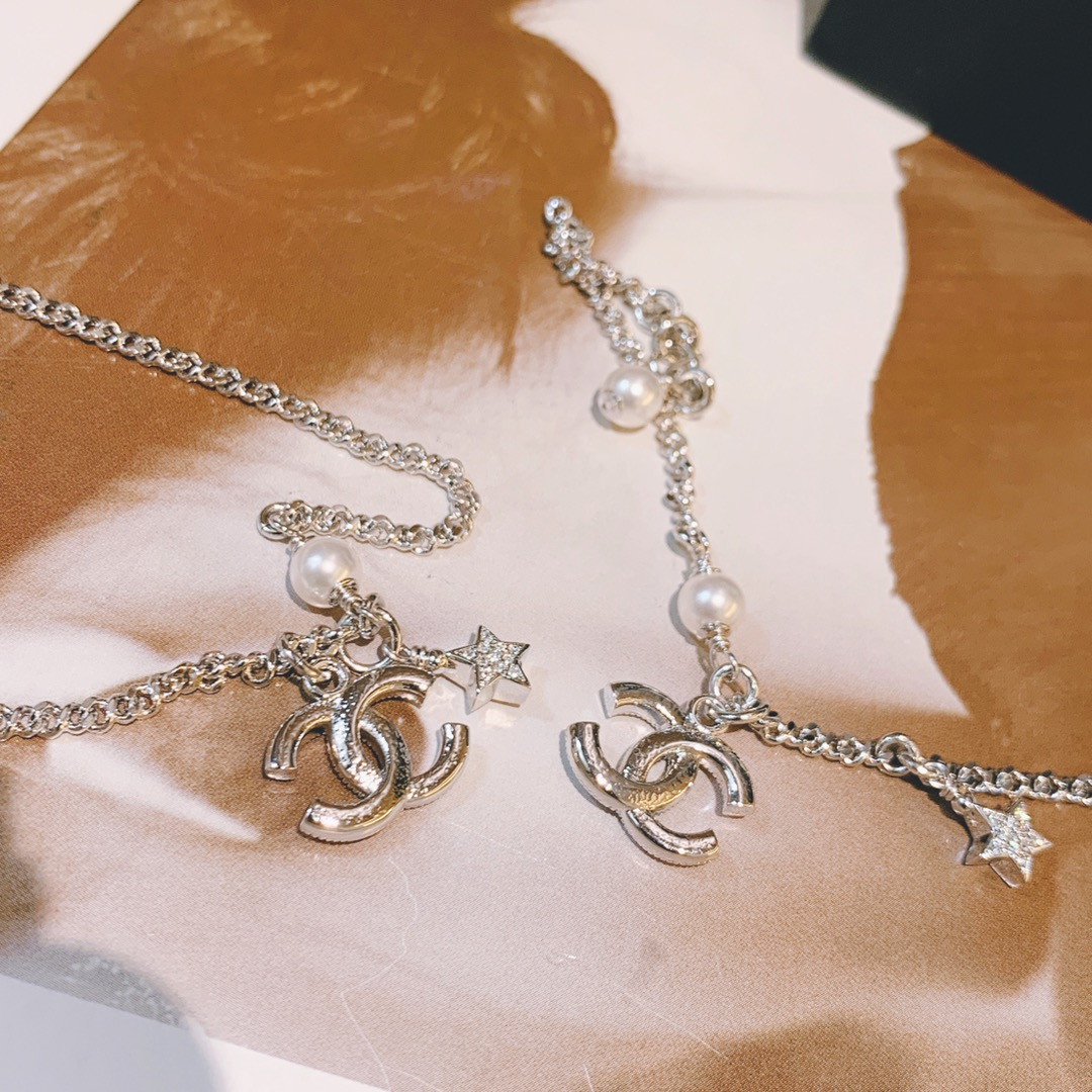 Dupe Chanel Minimalistic Star CC Pendant Silver Bracelet Necklace