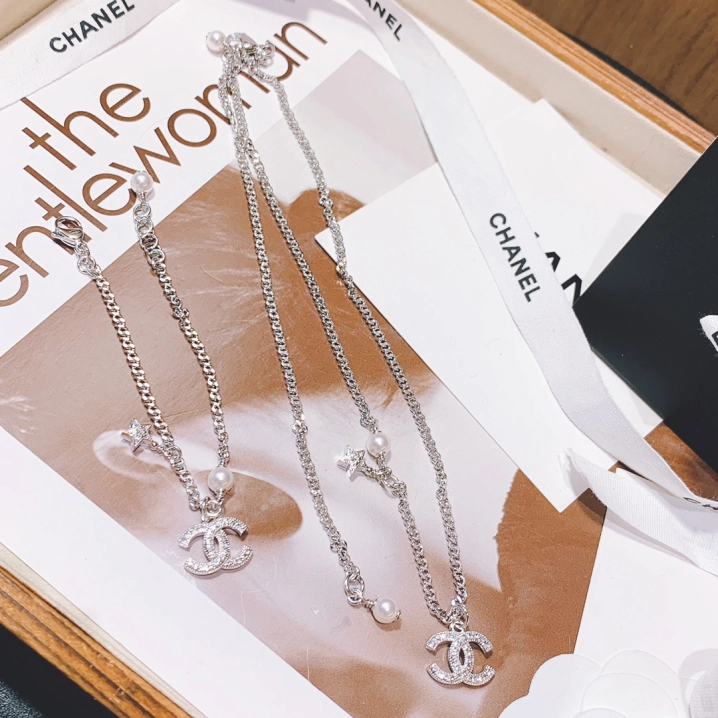 Dupe Chanel Minimalistic Star CC Pendant Silver Bracelet Necklace