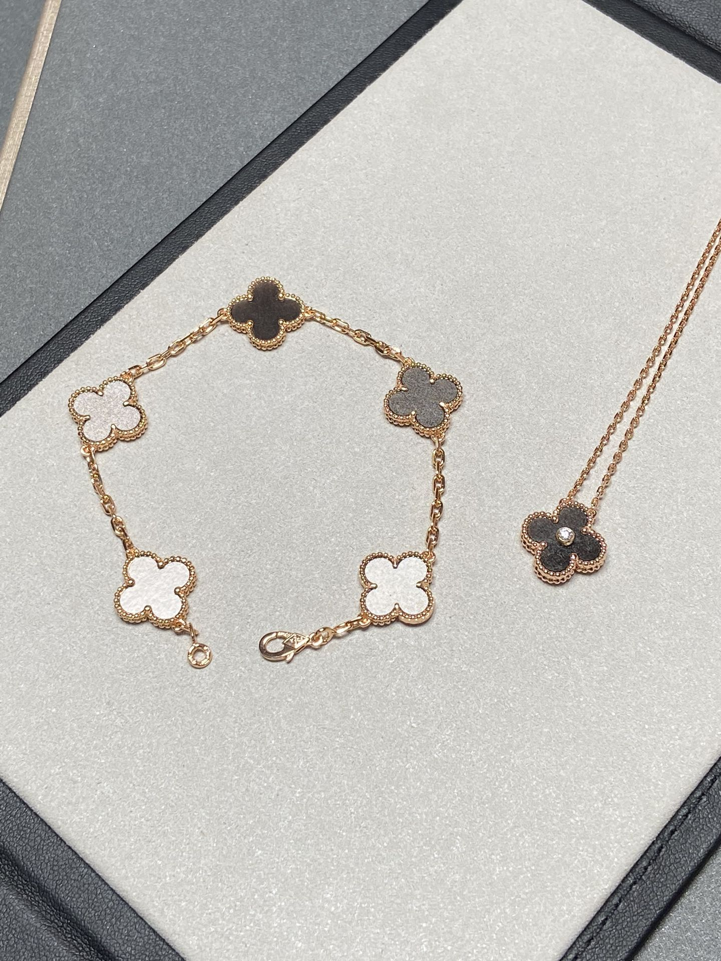 Dupe Van Cleef & Arpels Obsidian Alhambra Bracelet and Necklace