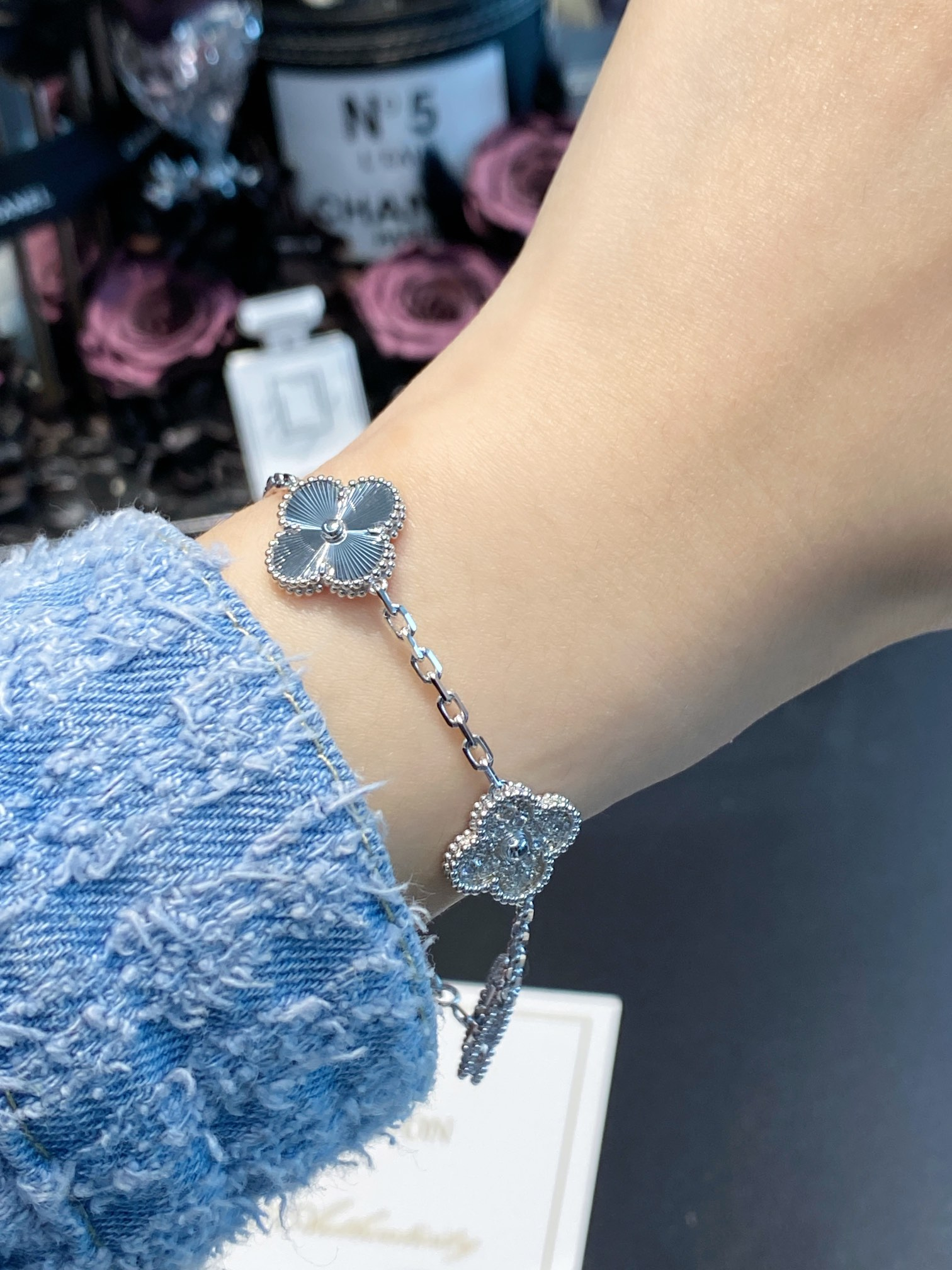 Dupe Van Cleef & Arpels Silver Diamond Vintage Alhambra Bracelet, 5 Motifs