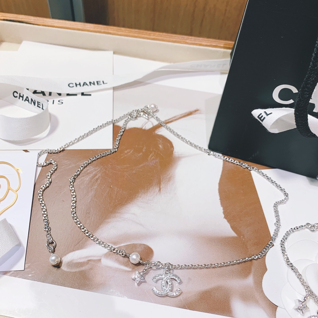 Dupe Chanel Minimalistic Star CC Pendant Silver Bracelet Necklace