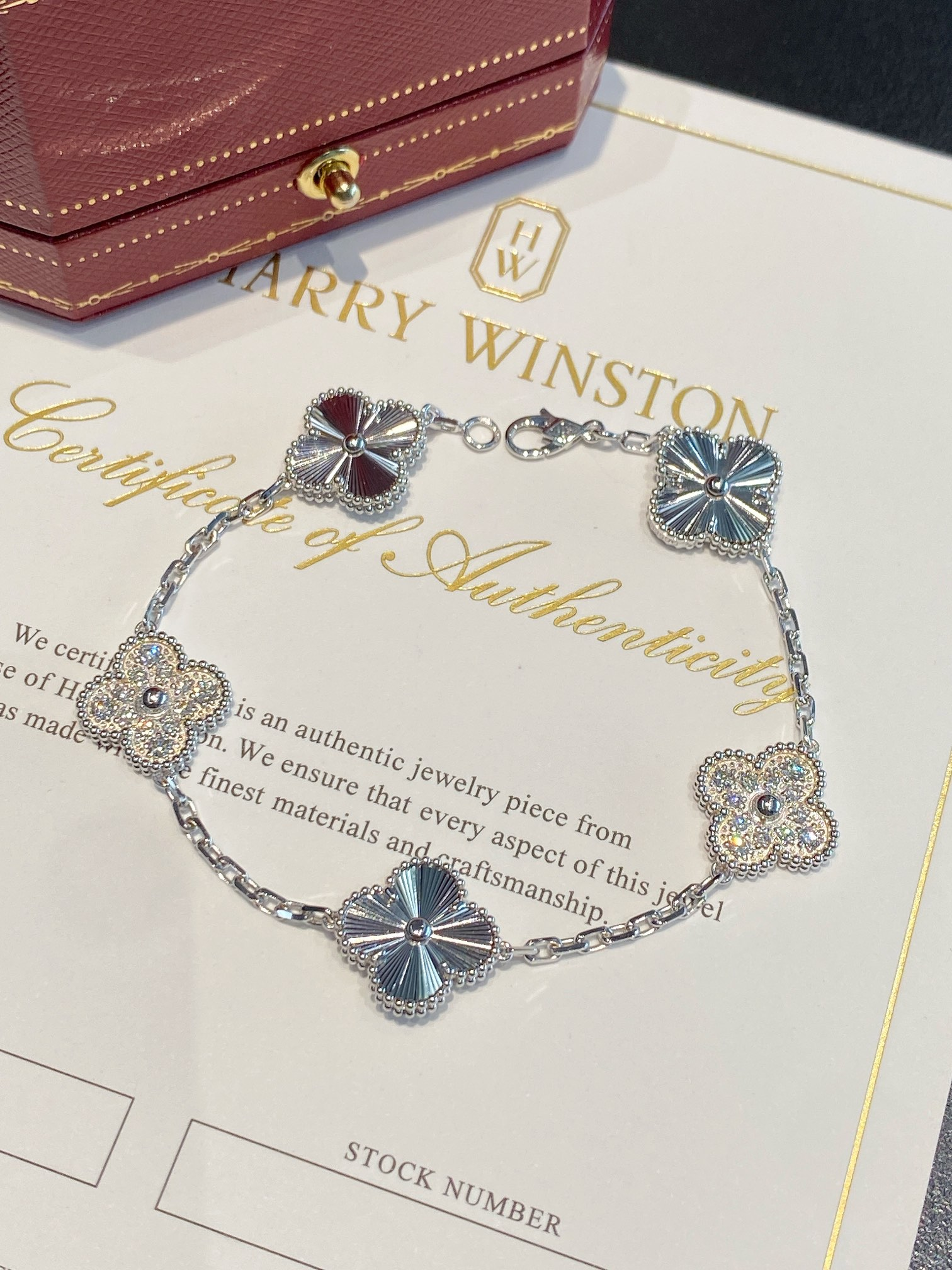 Dupe Van Cleef & Arpels Silver Diamond Vintage Alhambra Bracelet, 5 Motifs