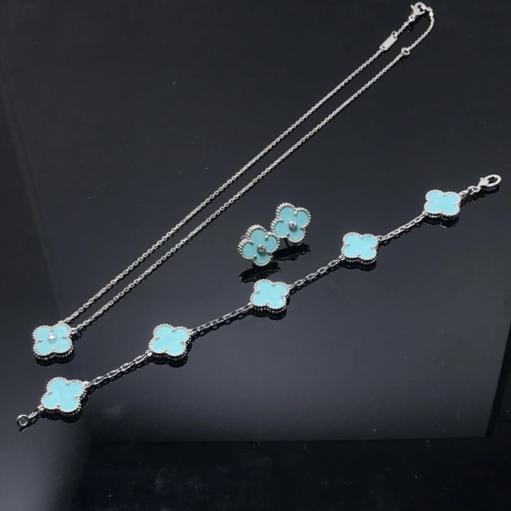Dupe Van Cleef & Arpels Blue Turquoise Vintage Alhambra Clover Earrings Bracelet Necklace