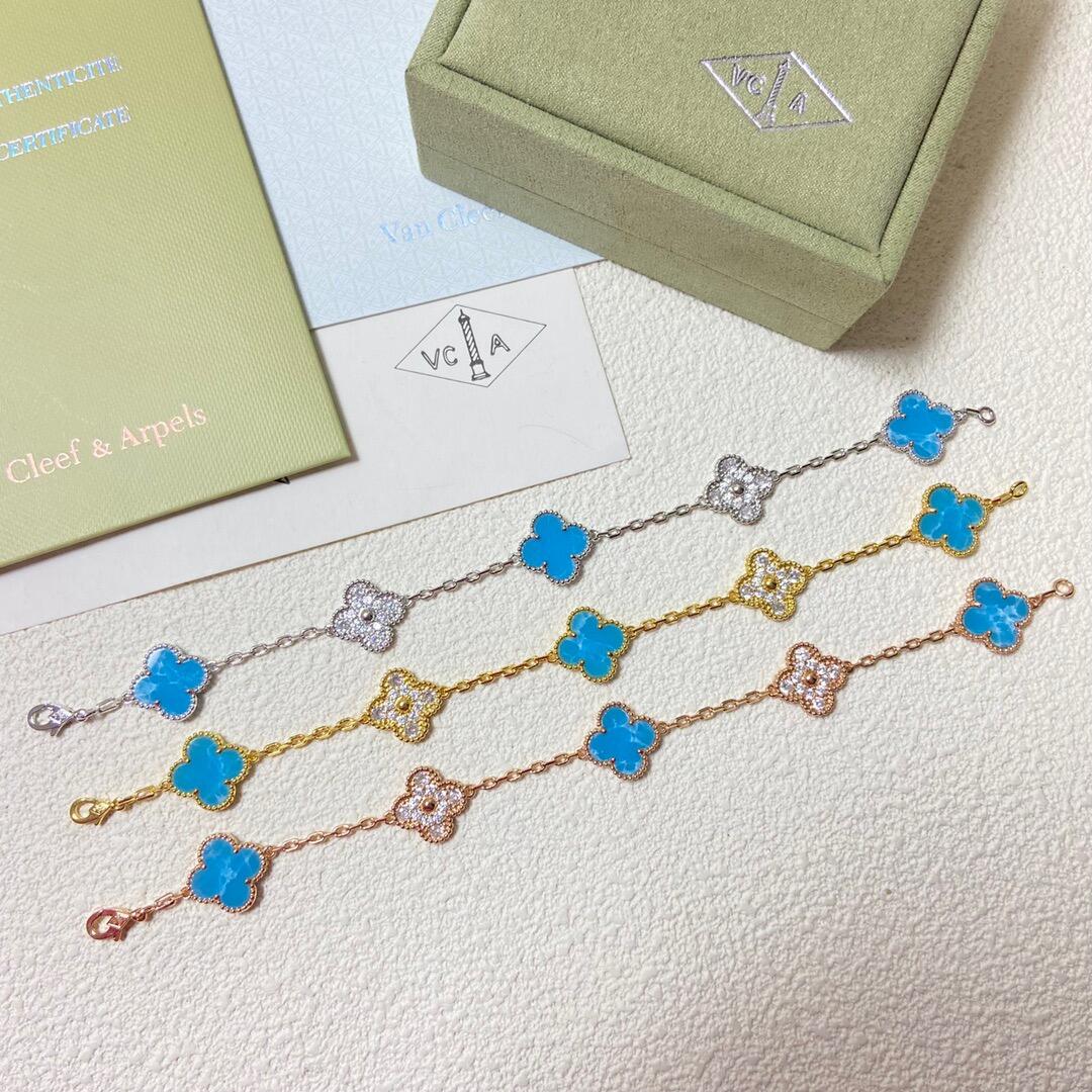 Dupe Van Cleef & Arpels Blue Larimar and Diamond Vintage Alhambra Bracelet, 5 Motifs