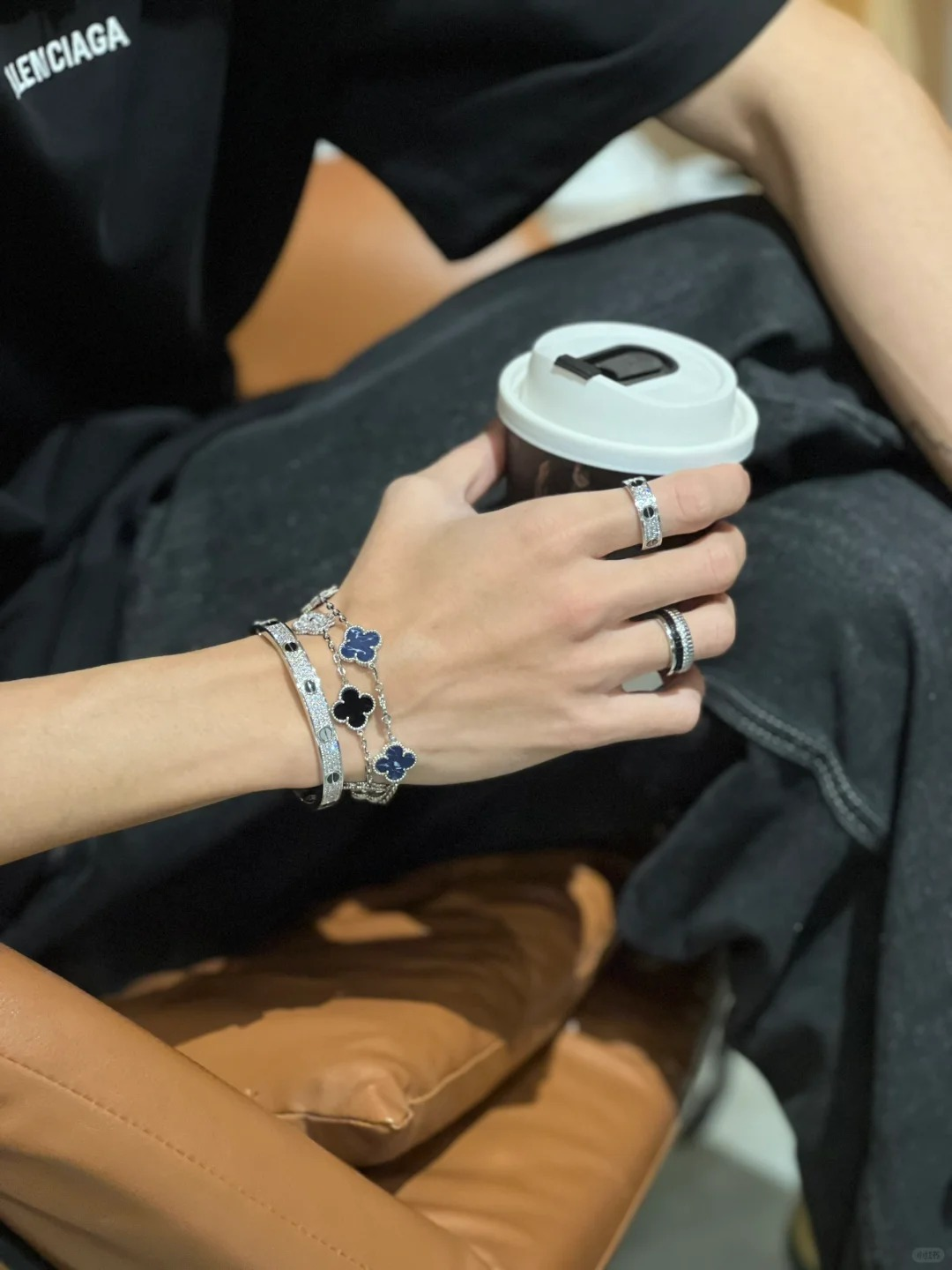 Men's Wrist Wear Dupe Van Cleef & Arpels Black Onyx Silver Guilloche Vintage Alhambra Bracelet, 5 Motifs