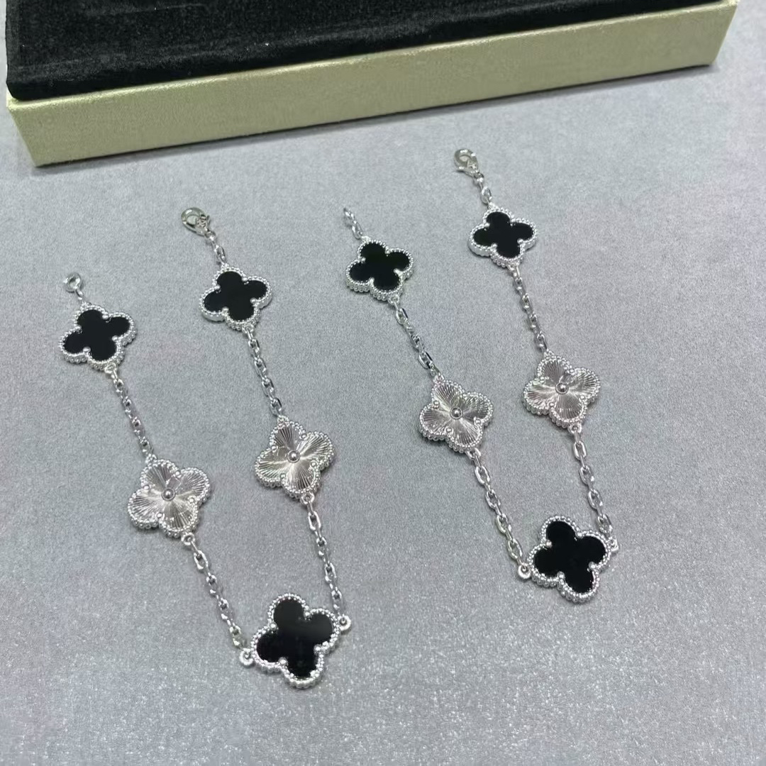Dupe Van Cleef & Arpels Black Onyx Silver Guilloche Vintage Alhambra Bracelet, 5 Motifs