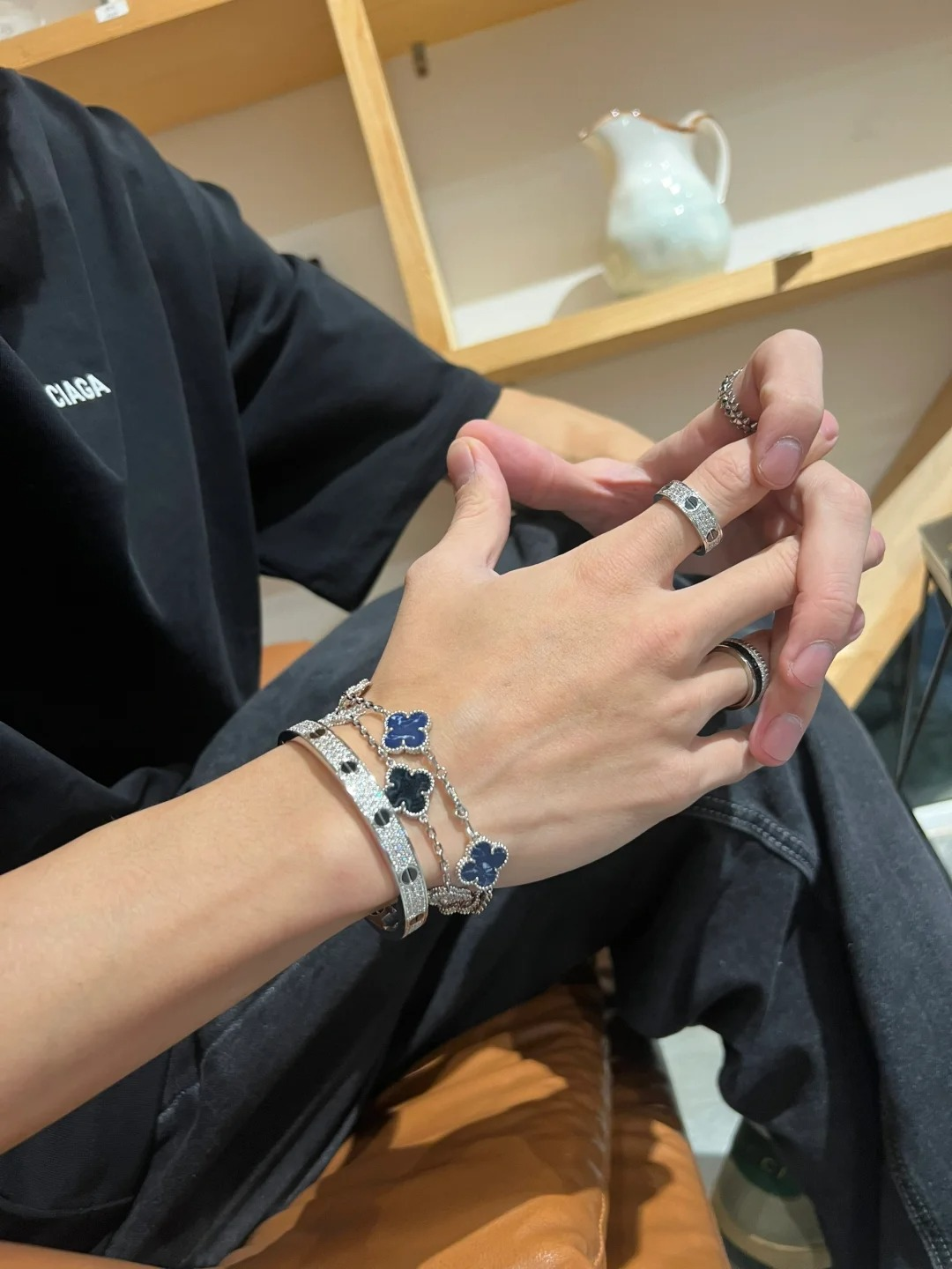 Men's Wrist Wear Dupe Van Cleef & Arpels Black Onyx Silver Guilloche Vintage Alhambra Bracelet, 5 Motifs