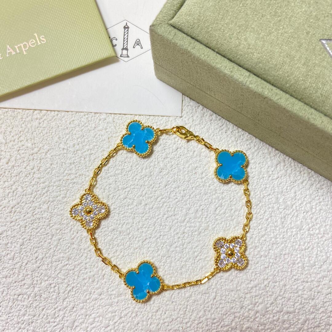 Dupe Van Cleef & Arpels Blue Larimar and Diamond Vintage Alhambra Bracelet, 5 Motifs