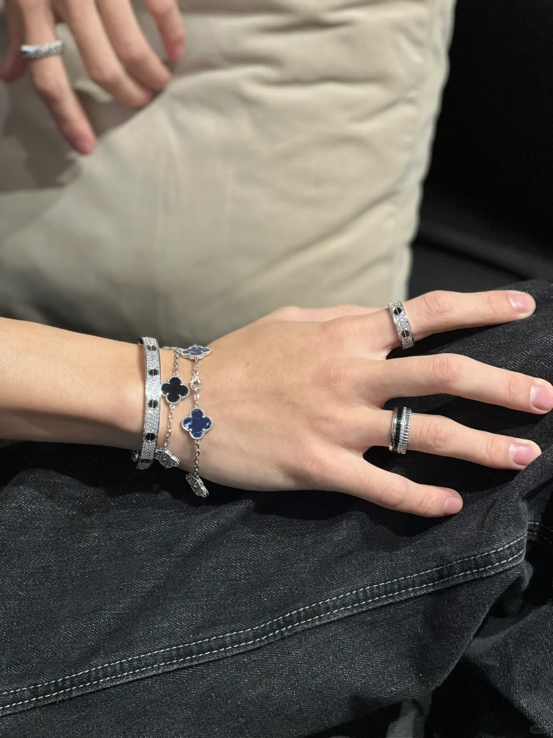 Men's Wrist Wear Dupe Van Cleef & Arpels Black Onyx Silver Guilloche Vintage Alhambra Bracelet, 5 Motifs