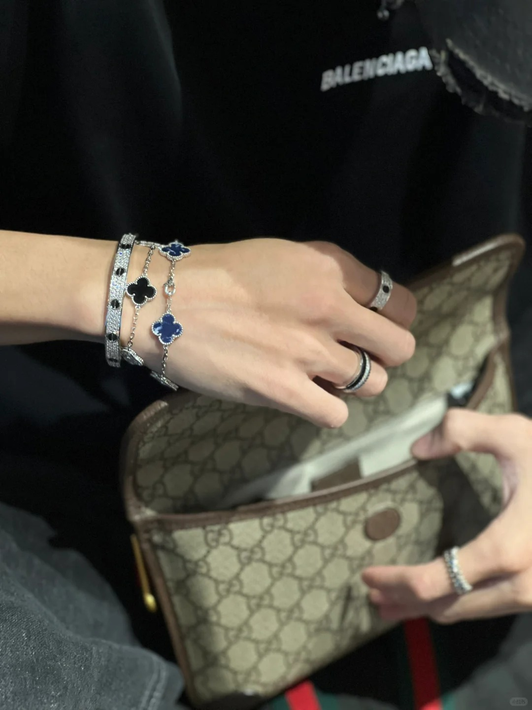 Men's Wrist Wear Dupe Van Cleef & Arpels Black Onyx Silver Guilloche Vintage Alhambra Bracelet, 5 Motifs