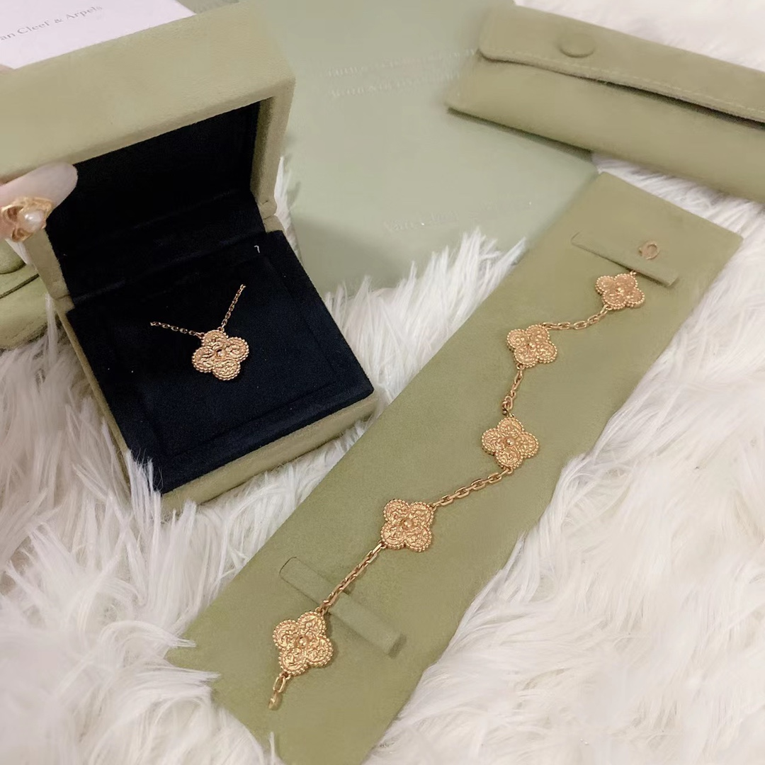 Dupe Van Cleef & Arpels Vintage Alhambra Bracelet Necklace, 5Motifs, Rose Gold,No Diamond