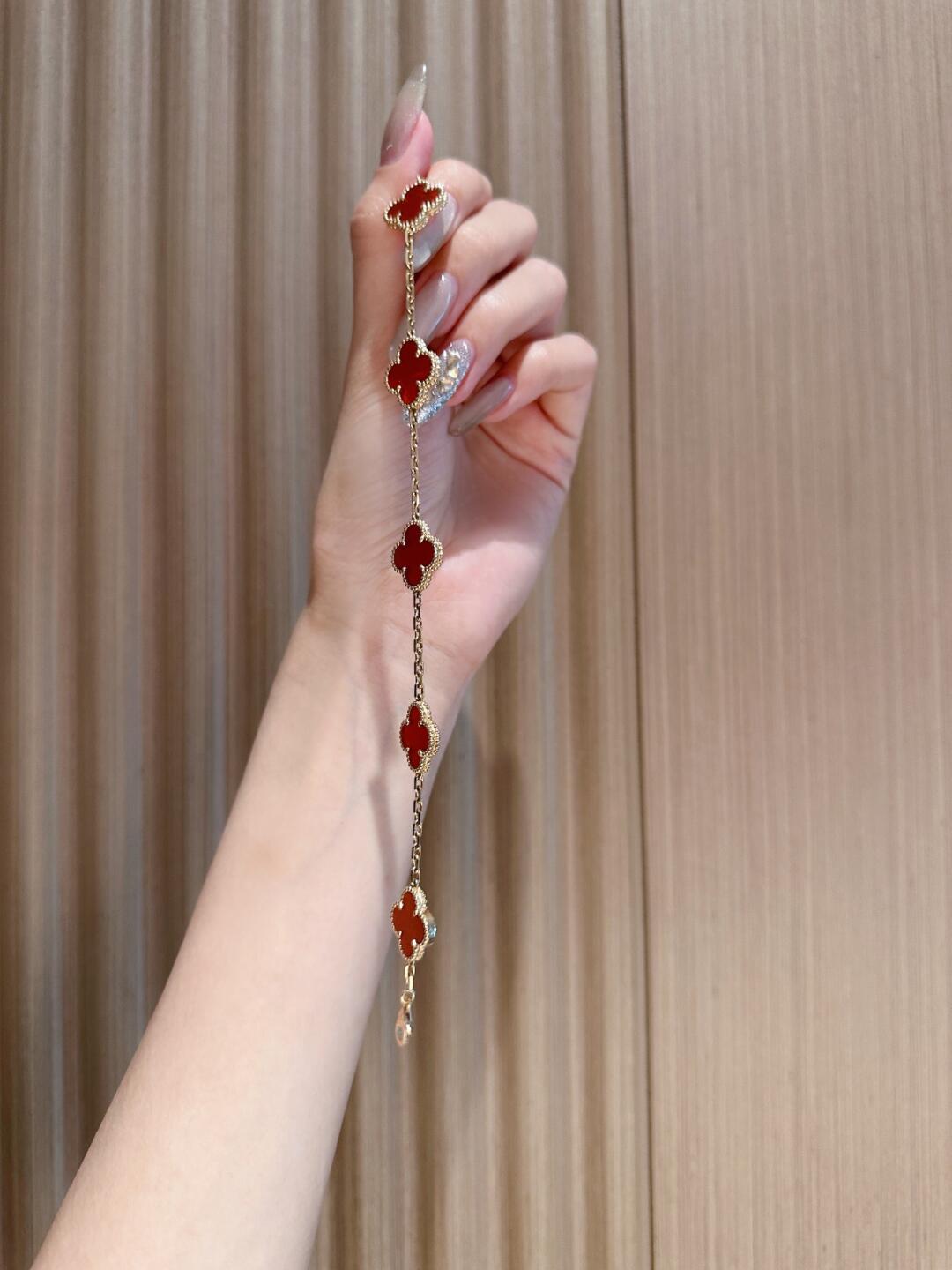 Dupe Van Cleef & Arpels Vintage Alhambra Red Carnelian Rose Gold Bracelet, 5 Motifs