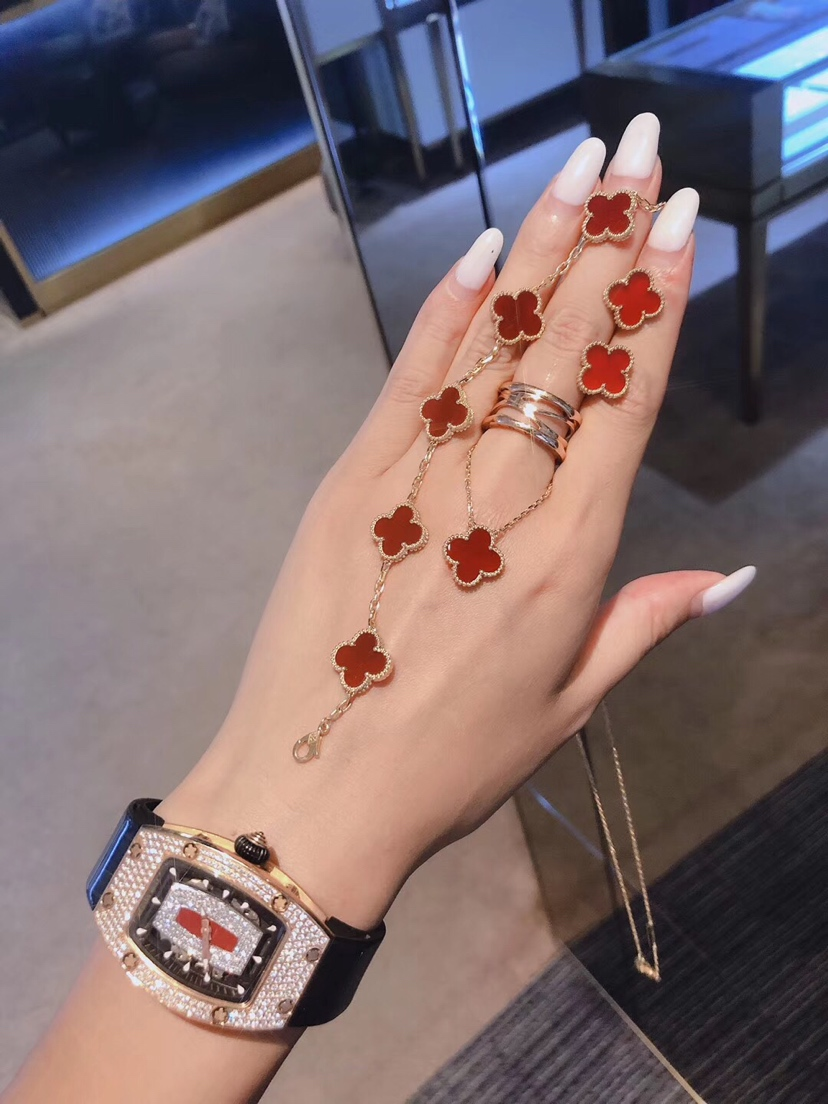 Dupe Van Cleef & Arpels Red Carnelian Vintage Alhambra Earrings Bracelet Necklace