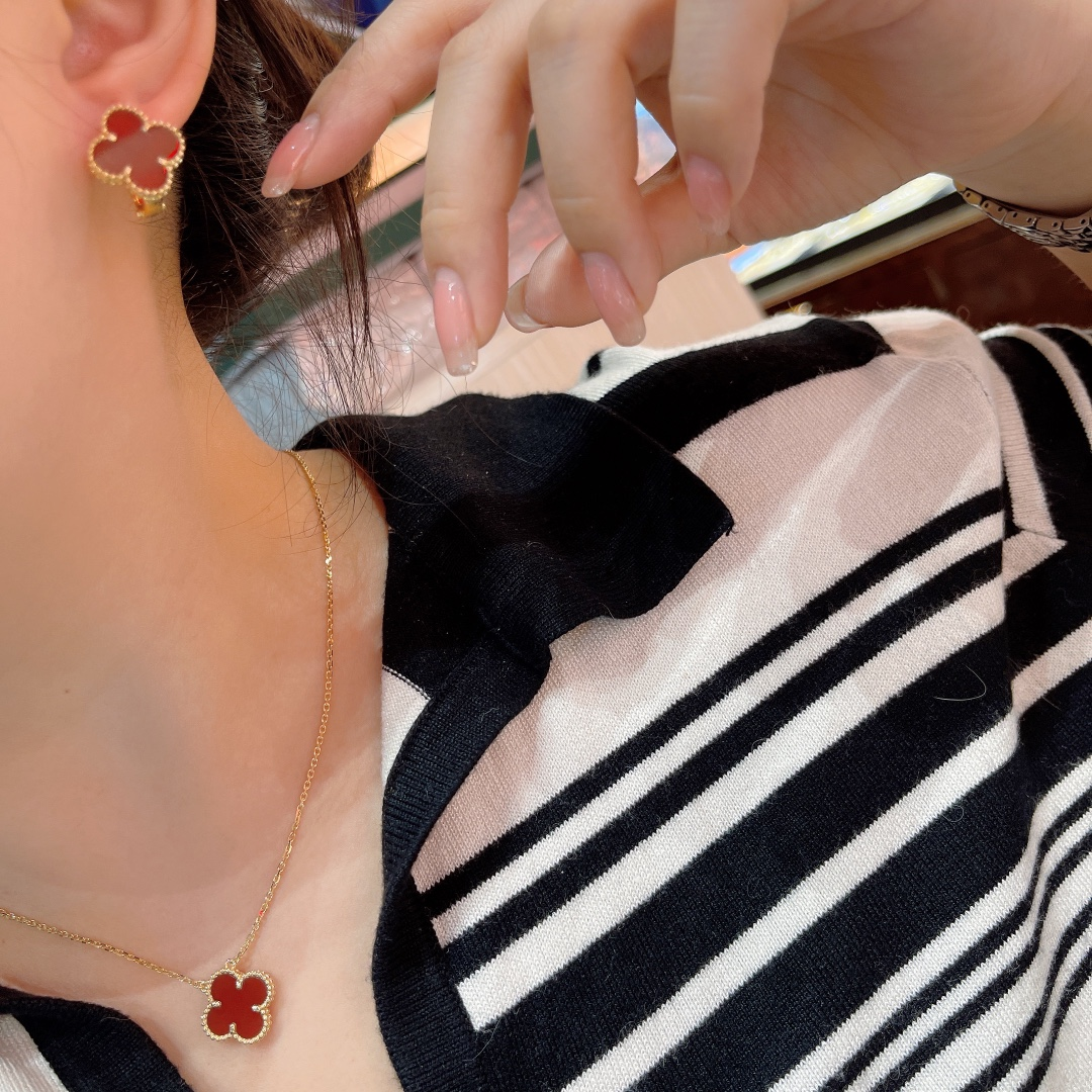 Dupe Van Cleef & Arpels Red Carnelian Vintage Alhambra Earrings Bracelet Necklace