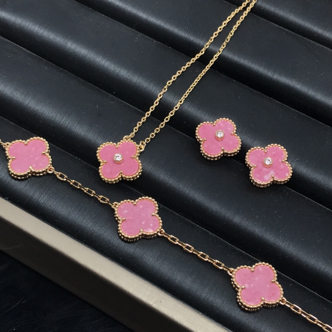 Dupe Van Cleef & Arpels Pink Vintage Alhambra Earrings Bracelet Necklace