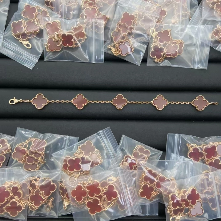 Dupe Van Cleef & Arpels Vintage Alhambra Red Carnelian Rose Gold Bracelet, 5 Motifs