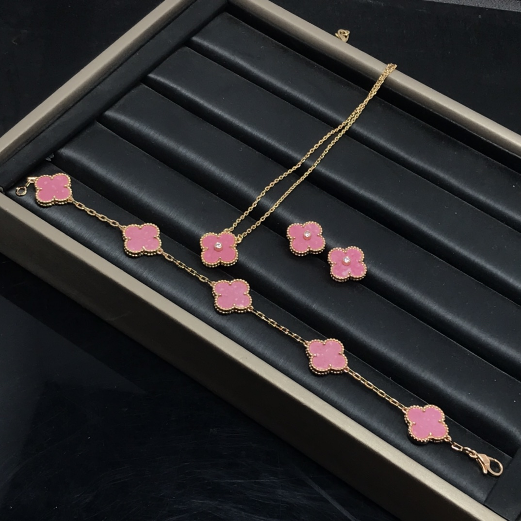 Dupe Van Cleef & Arpels Pink Vintage Alhambra Earrings Bracelet Necklace