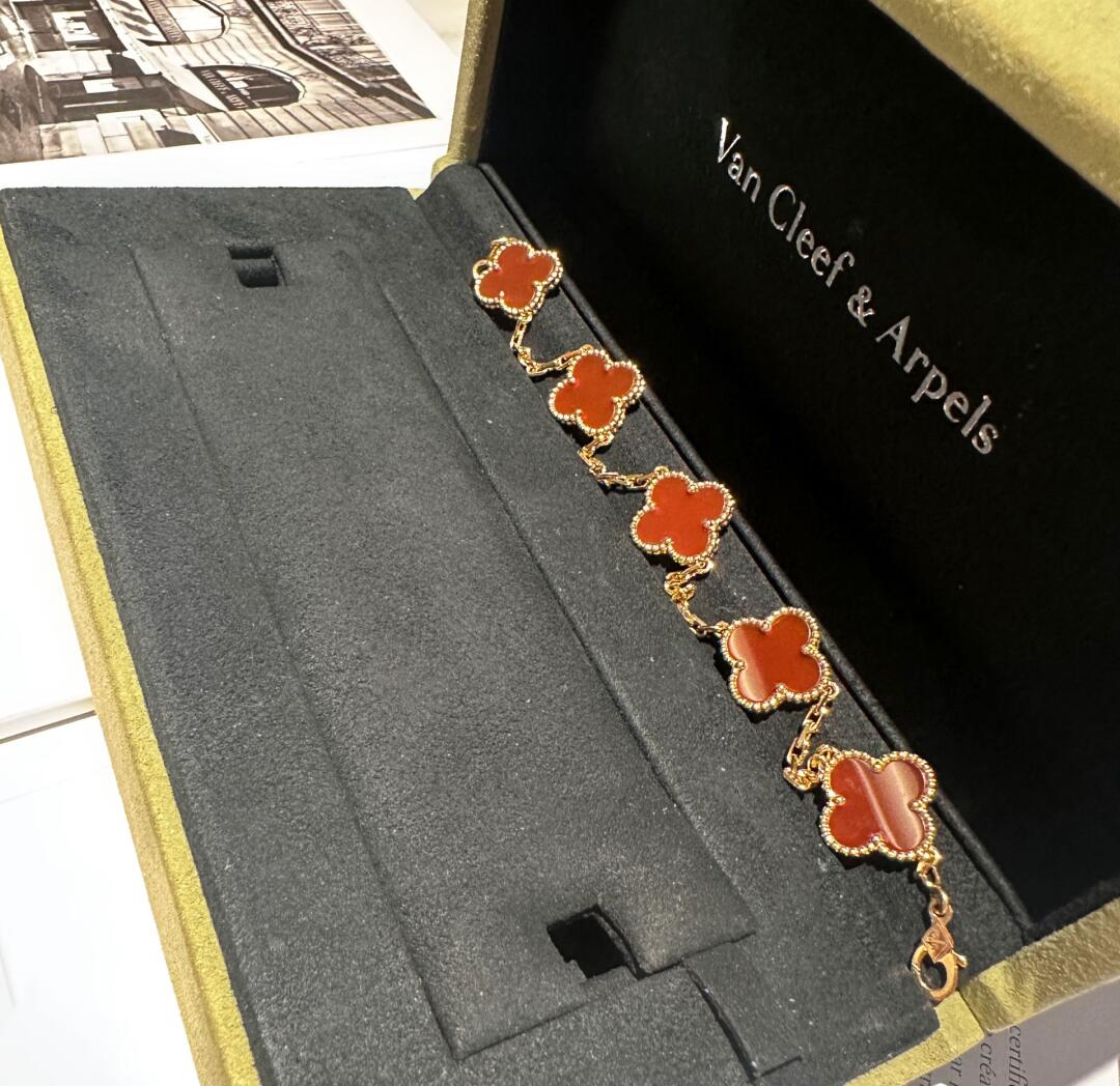 Dupe Van Cleef & Arpels Vintage Alhambra Red Carnelian Rose Gold Bracelet, 5 Motifs