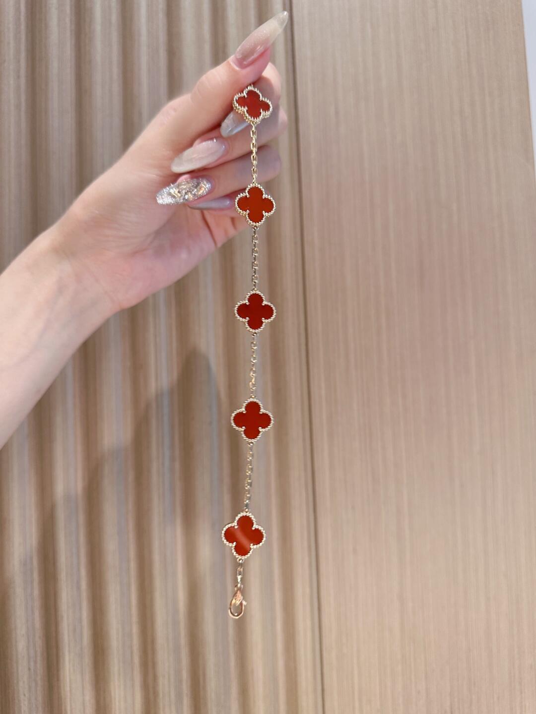 Dupe Van Cleef & Arpels Vintage Alhambra Red Carnelian Rose Gold Bracelet, 5 Motifs