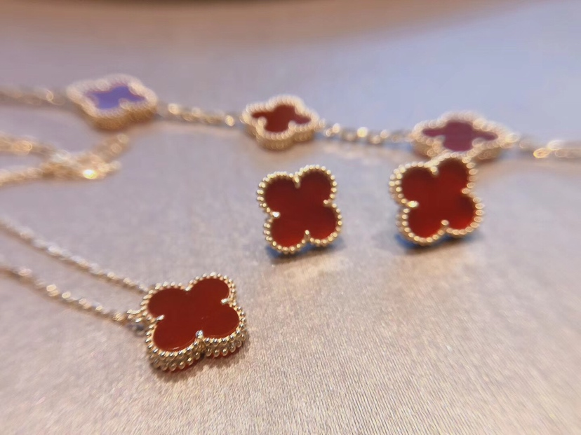 Dupe Van Cleef & Arpels Red Carnelian Vintage Alhambra Earrings Bracelet Necklace