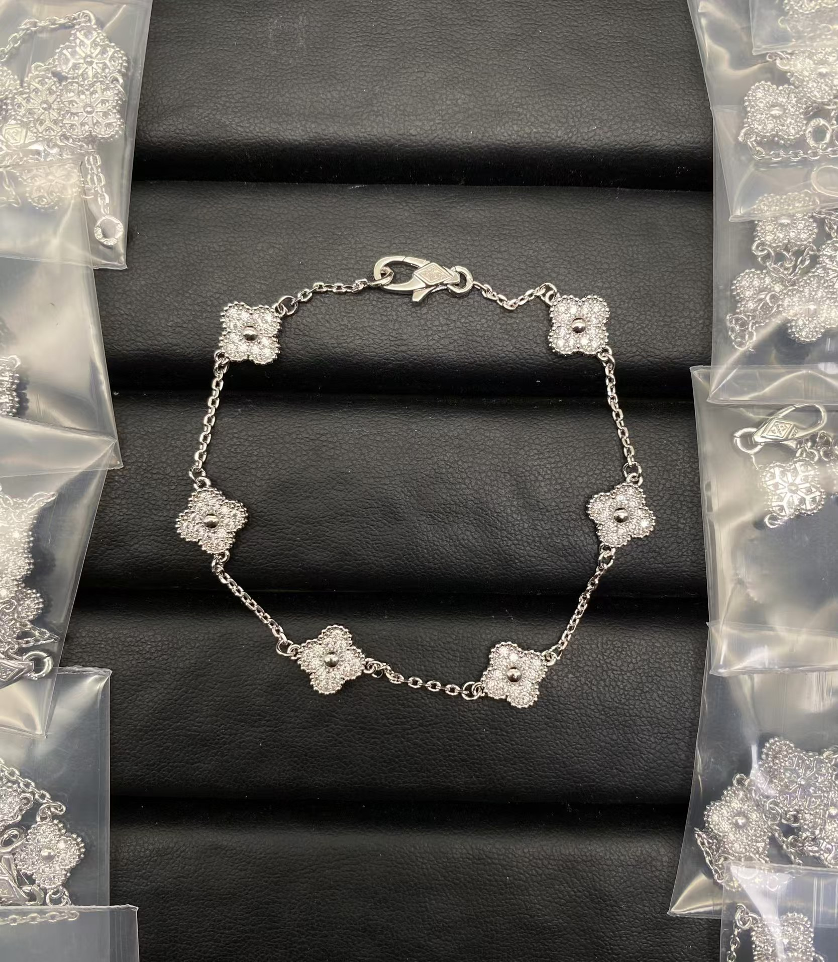 Dupe Van Cleef & Arpels Diamond Paved Sweet Alhambra Bracelet 6 Motifs in White Gold