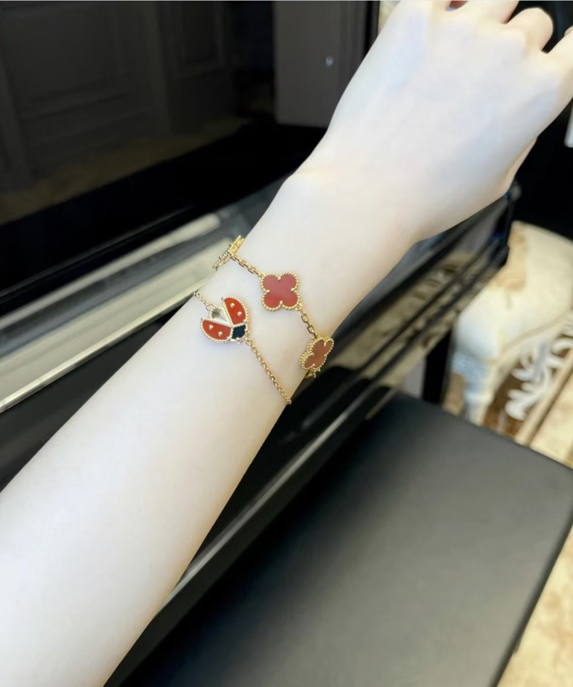 Dupe Van Cleef & Arpels Fauna Lucky Spring Bracelet, Open Wings Ladybug on wirst