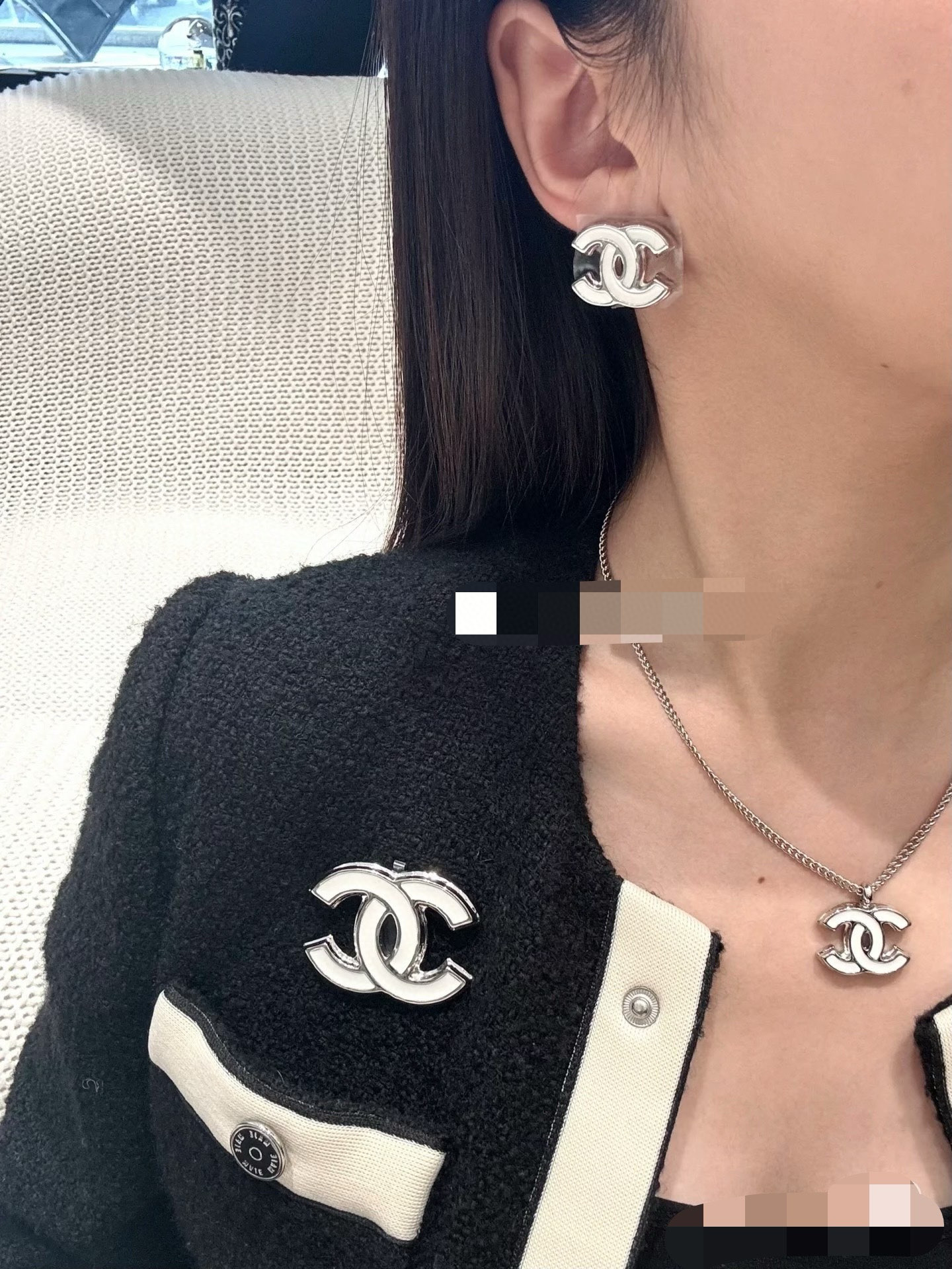 Fake Chanel White Enamel CC Earrings Necklace Brooch