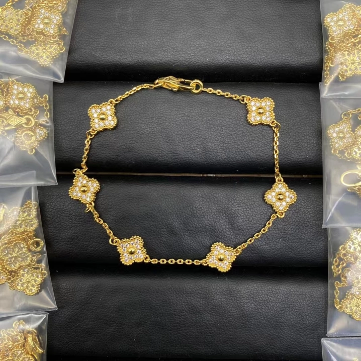 Dupe Van Cleef & Arpels Diamond Paved Sweet Alhambra Bracelet 6 Motifs in Yellow Gold