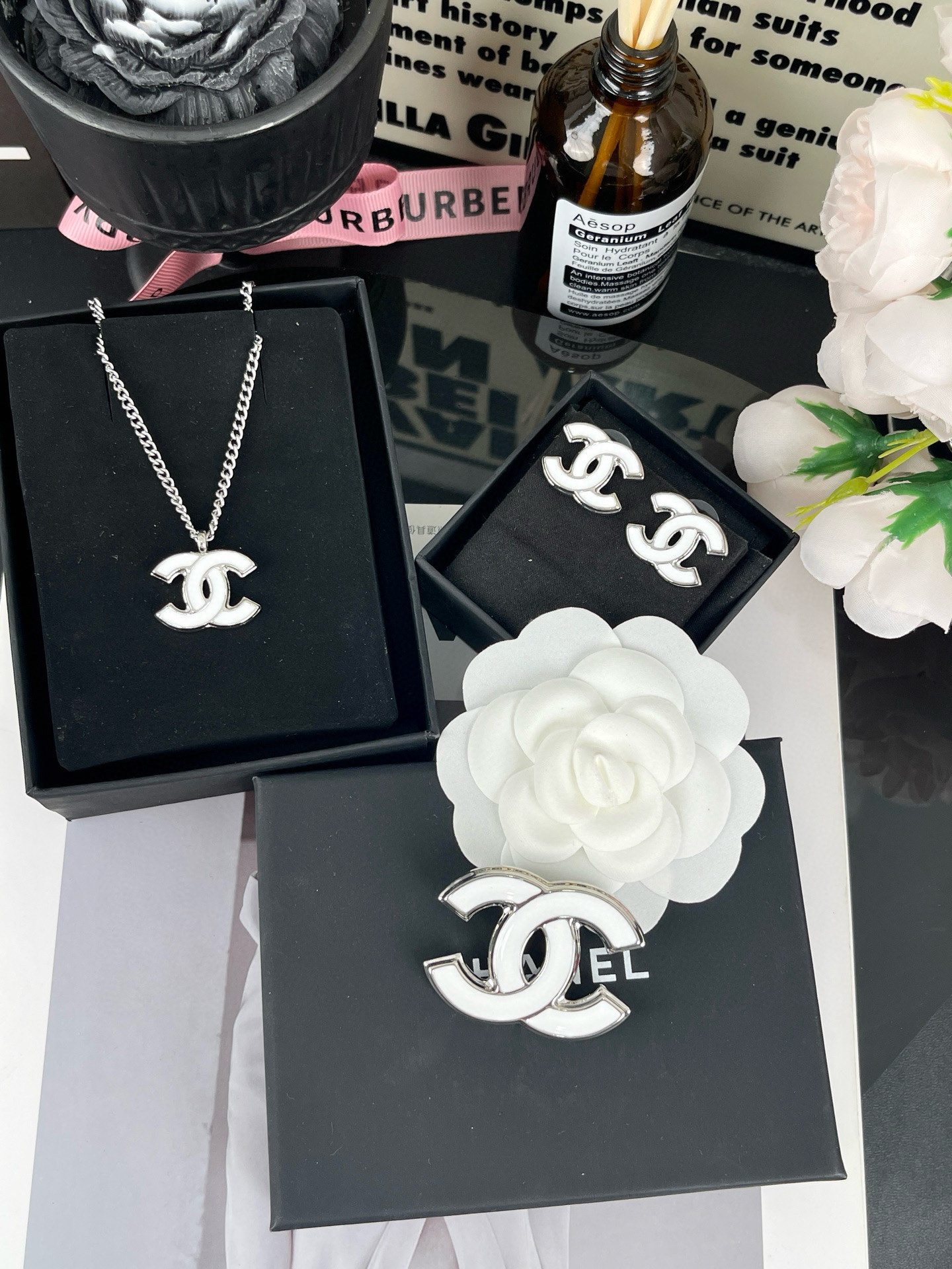 Fake Chanel White Enamel CC Earrings Necklace Brooch