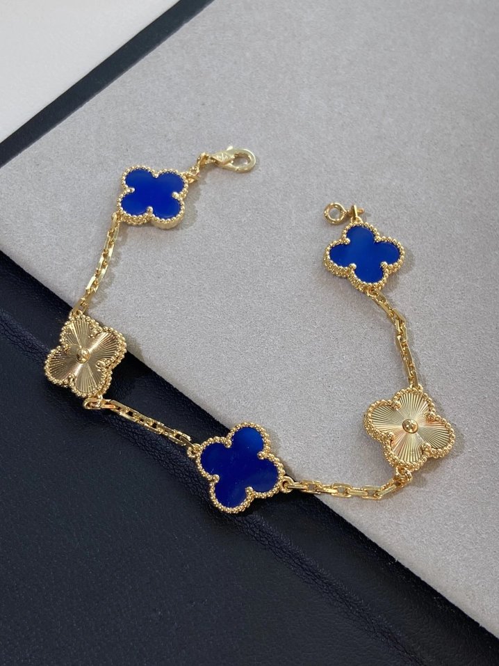 Dupe Van Cleef & Arpels Gold Guilloche and Deep Blue Agate Vintage Alhambra Bracelet 5 Motifs