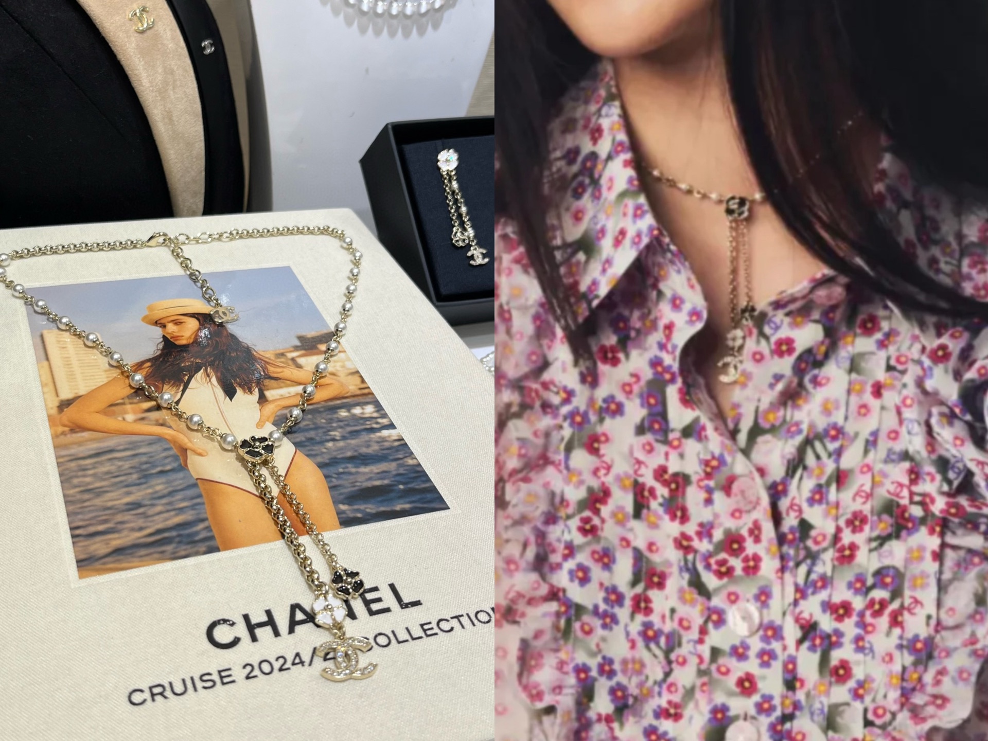 Dupe Chanel Black and White Camellia Tassel Drop Pearl Y Necklace