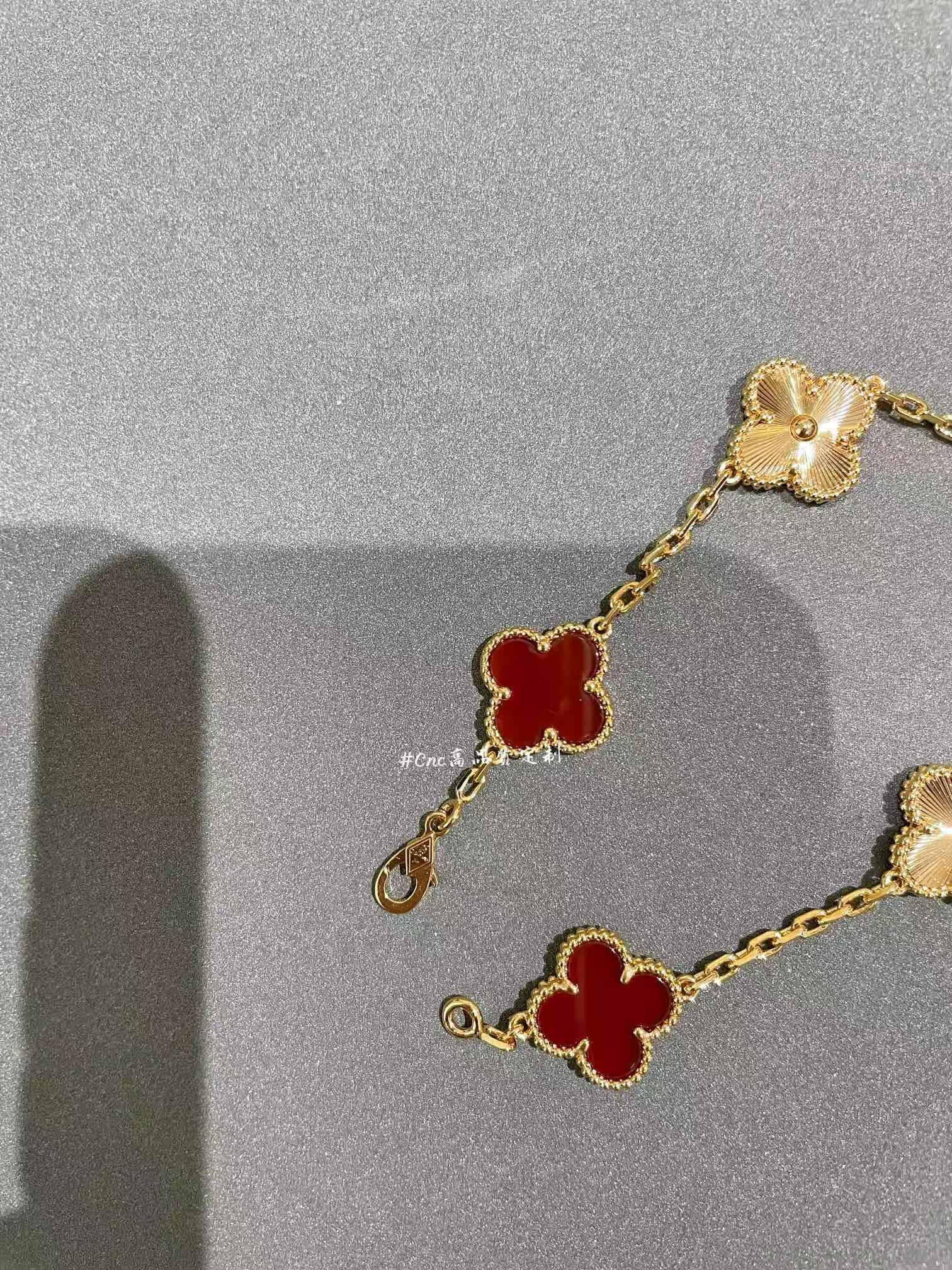 Dupe Van Cleef & Arpels Guilloche and Carnelian Vintage Alhambra Bracelet, 5 Motifs