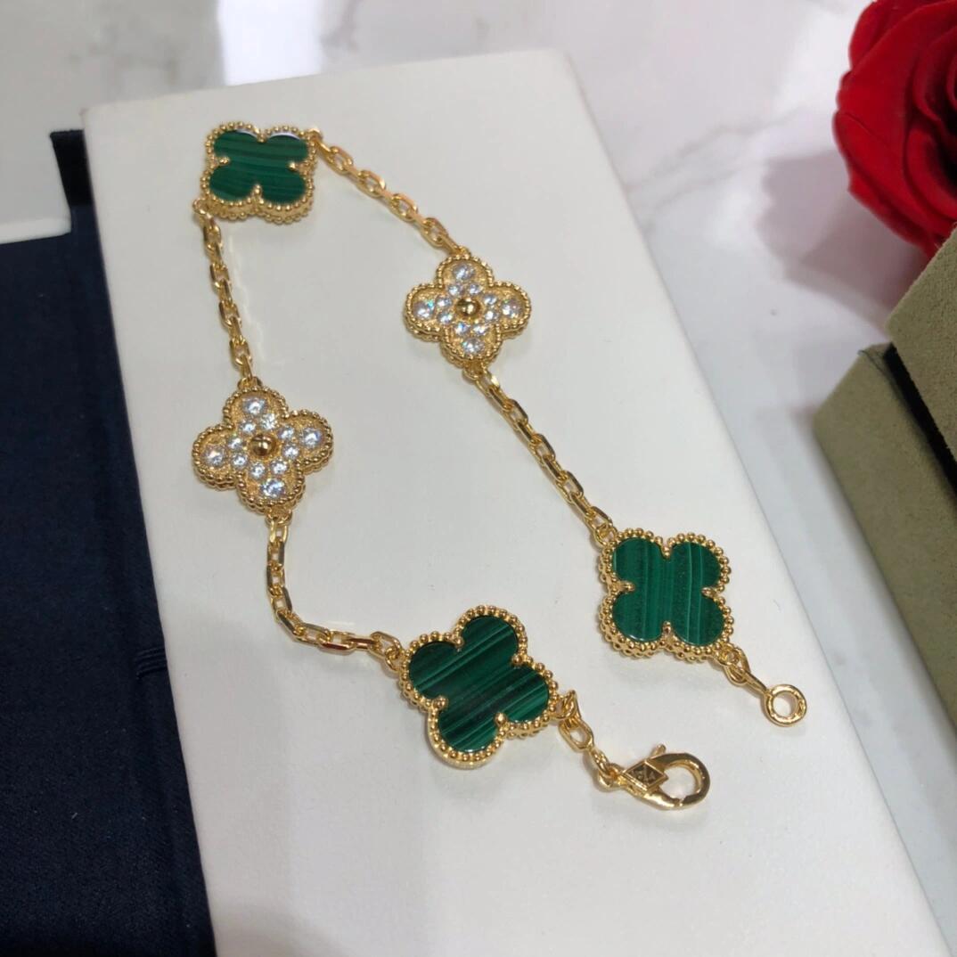 Dupe Van Cleef & Arpels Diamond and Malachite Vintage Alhambra Bracelet in Gold-tone, 5 Motifs