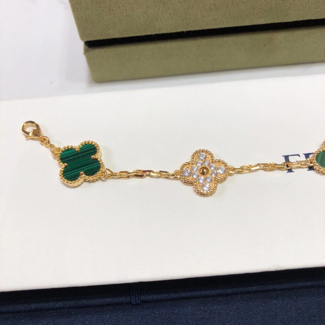 Dupe Van Cleef & Arpels Diamond and Malachite Vintage Alhambra Bracelet in Gold-tone, 5 Motifs