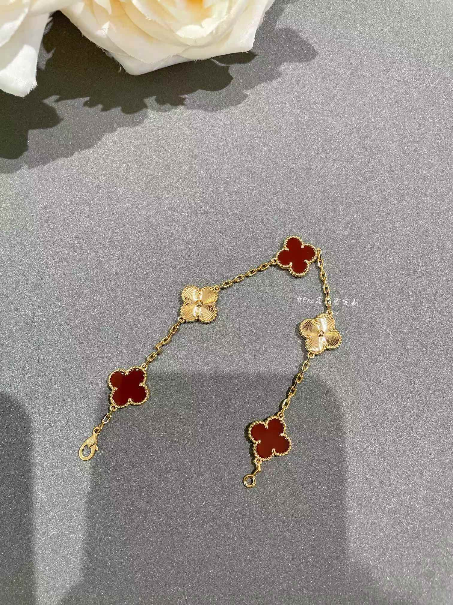 Dupe Van Cleef & Arpels Guilloche and Carnelian Vintage Alhambra Bracelet, 5 Motifs