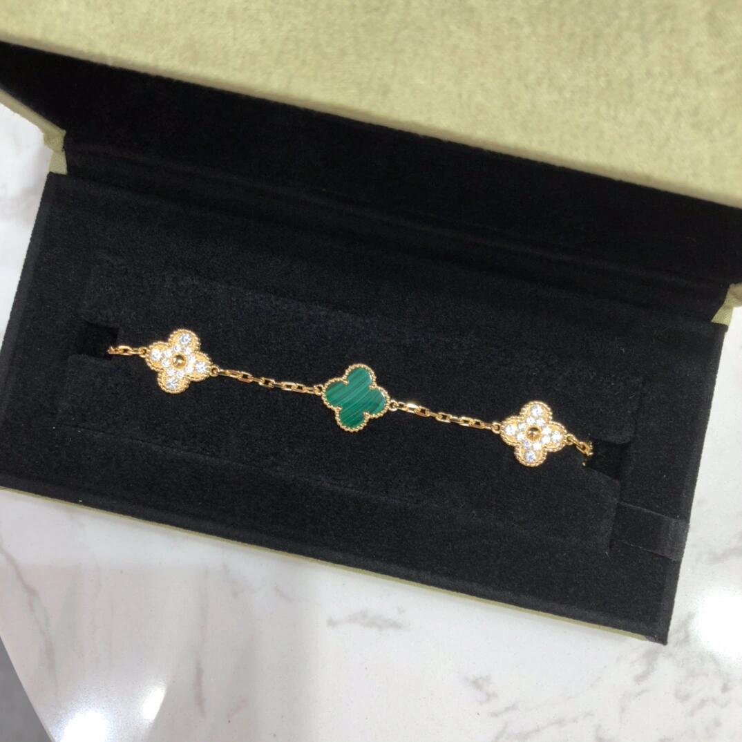 Dupe Van Cleef & Arpels Diamond and Malachite Vintage Alhambra Bracelet in Gold-tone, 5 Motifs