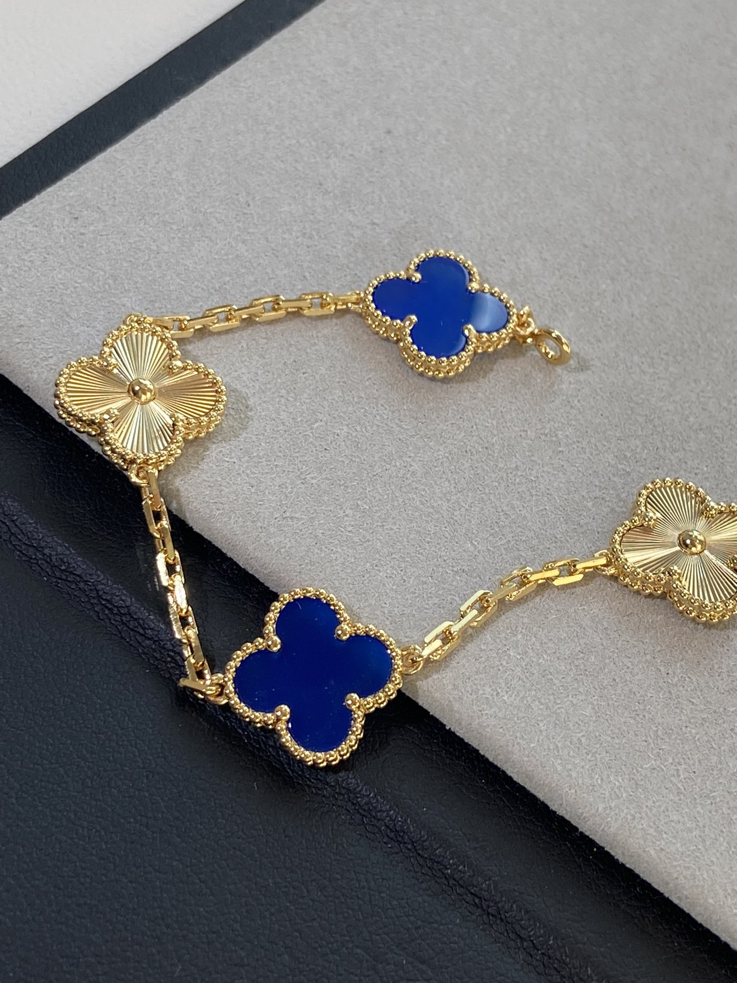 Dupe Van Cleef & Arpels Gold Guilloche and Deep Blue Agate Vintage Alhambra Bracelet 5 Motifs