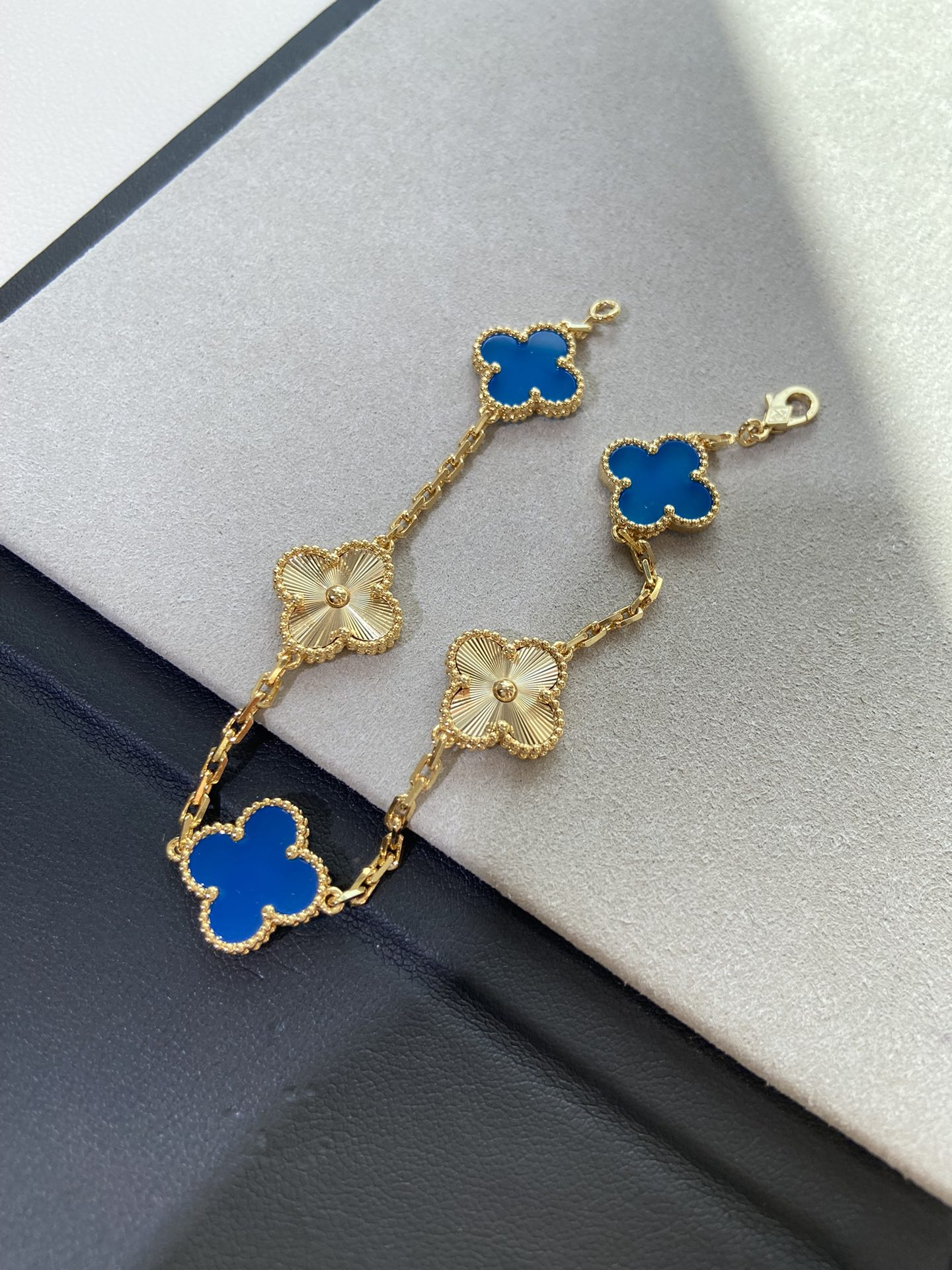 Dupe Van Cleef & Arpels Blue Agate and Gold Guilloche Clover Vintage Alhambra Bracelet 5 Motifs