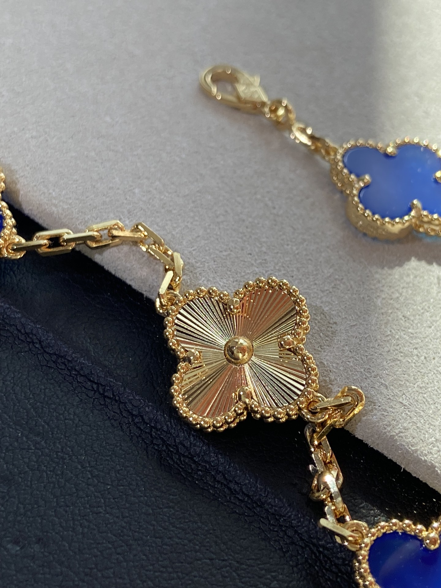 Dupe Van Cleef & Arpels Gold Guilloche and Deep Blue Agate Vintage Alhambra Bracelet 5 Motifs
