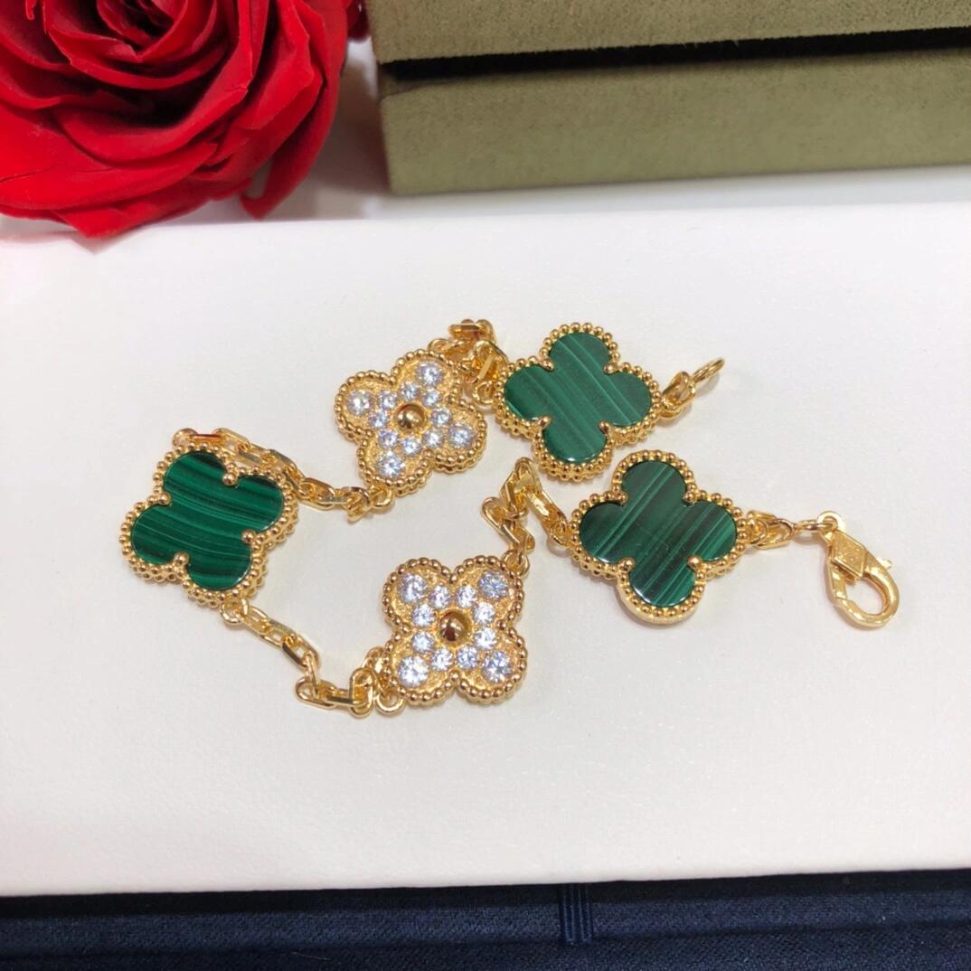 Dupe Van Cleef & Arpels Diamond and Malachite Vintage Alhambra Bracelet in Gold-tone, 5 Motifs