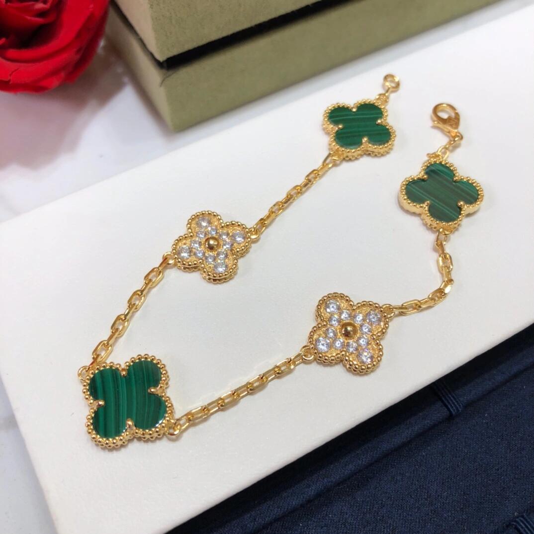 Dupe Van Cleef & Arpels Diamond and Malachite Vintage Alhambra Bracelet in Gold-tone, 5 Motifs