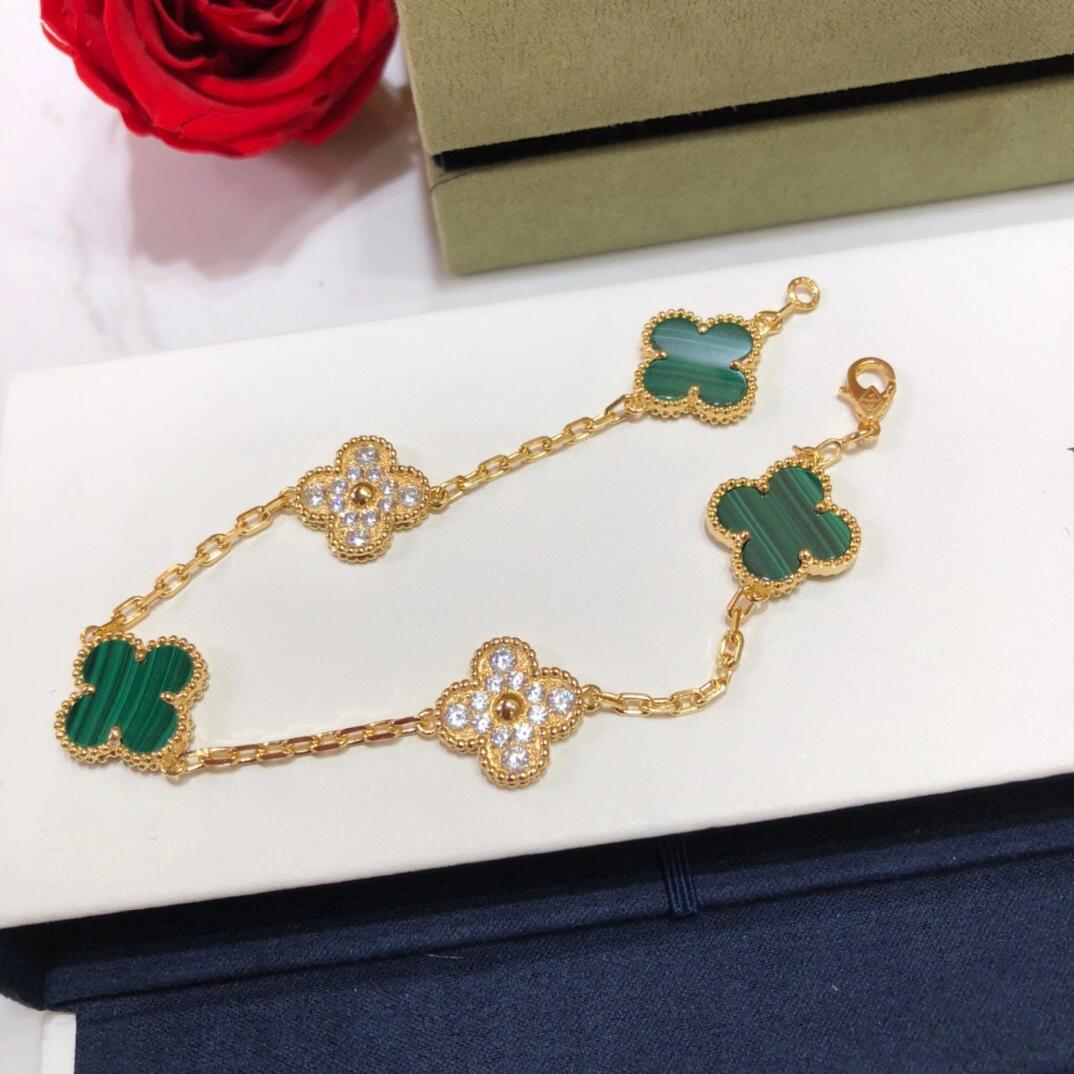 Dupe Van Cleef & Arpels Diamond and Malachite Vintage Alhambra Bracelet in Gold-tone, 5 Motifs