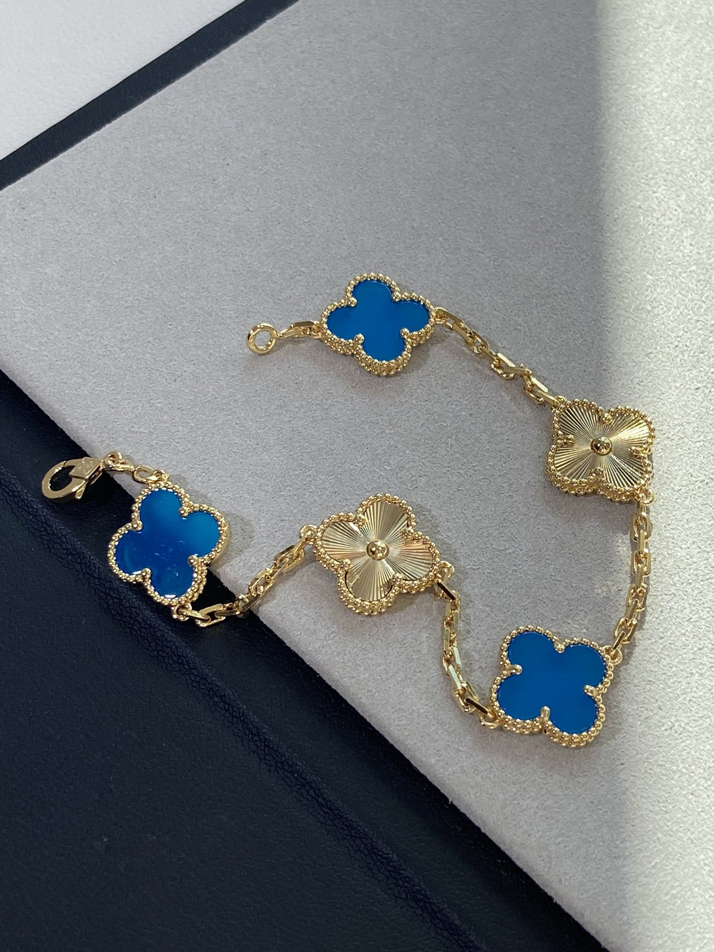 Dupe Van Cleef & Arpels Blue Agate and Gold Guilloche Clover Vintage Alhambra Bracelet 5 Motifs