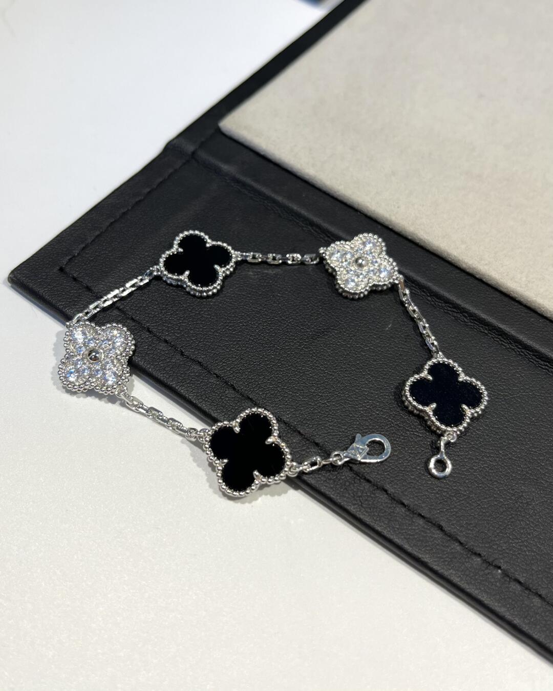 Dupe Van Cleef & Arpels Black Onyx and Diamond Vintage Alhambra Bracelet 5 Motifs
