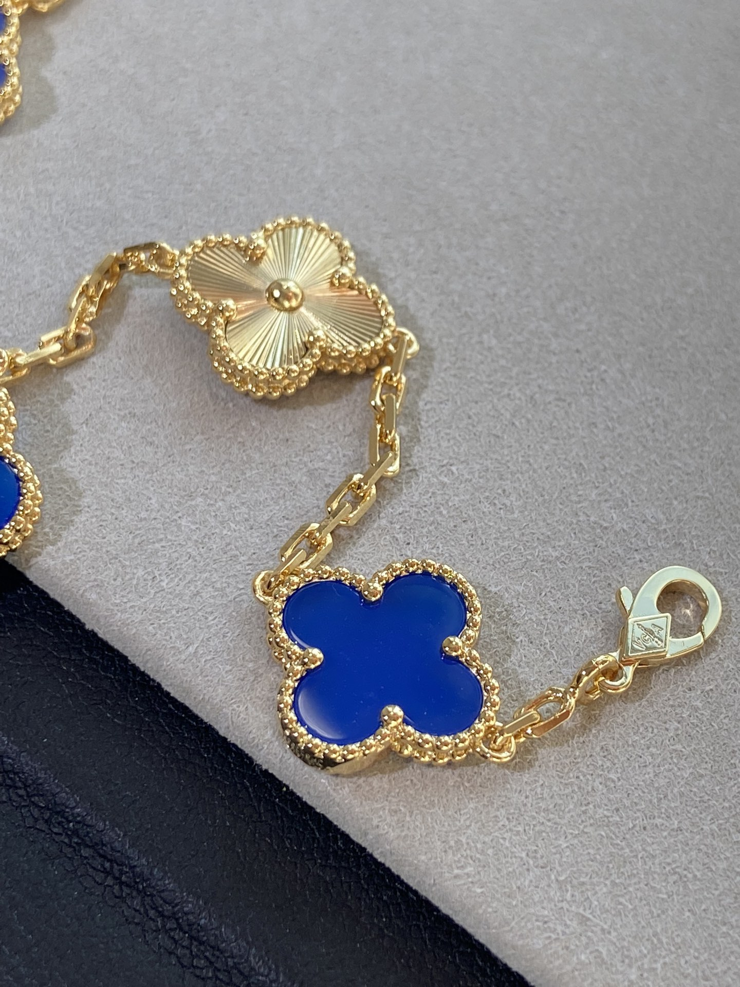 Dupe Van Cleef & Arpels Gold Guilloche and Deep Blue Agate Vintage Alhambra Bracelet 5 Motifs