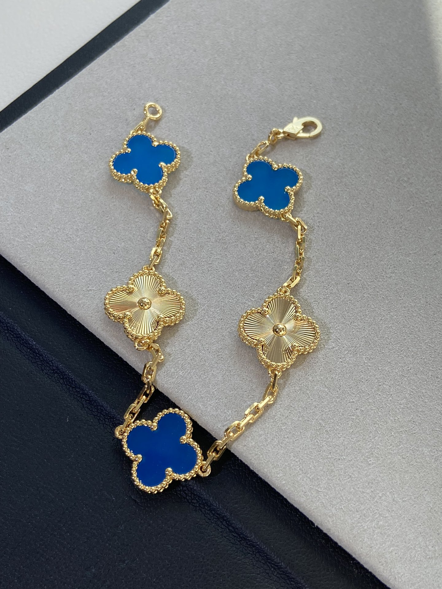 Dupe Van Cleef & Arpels Blue Agate and Gold Guilloche Clover Vintage Alhambra Bracelet 5 Motifs