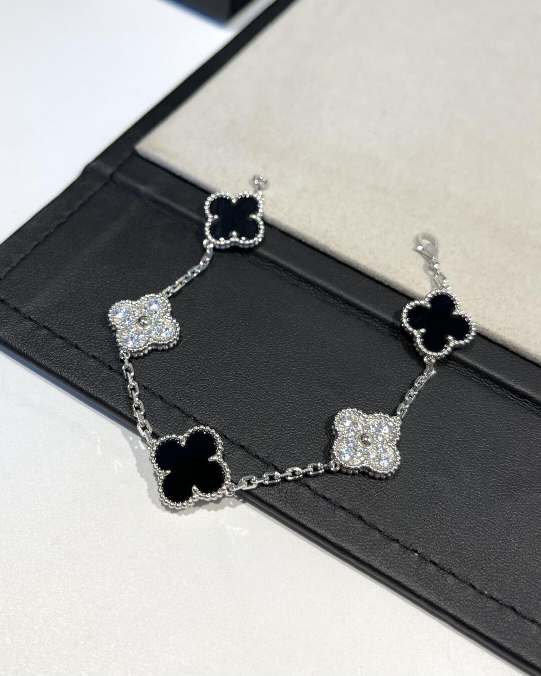 Dupe Van Cleef & Arpels Black Onyx and Diamond Vintage Alhambra Bracelet 5 Motifs