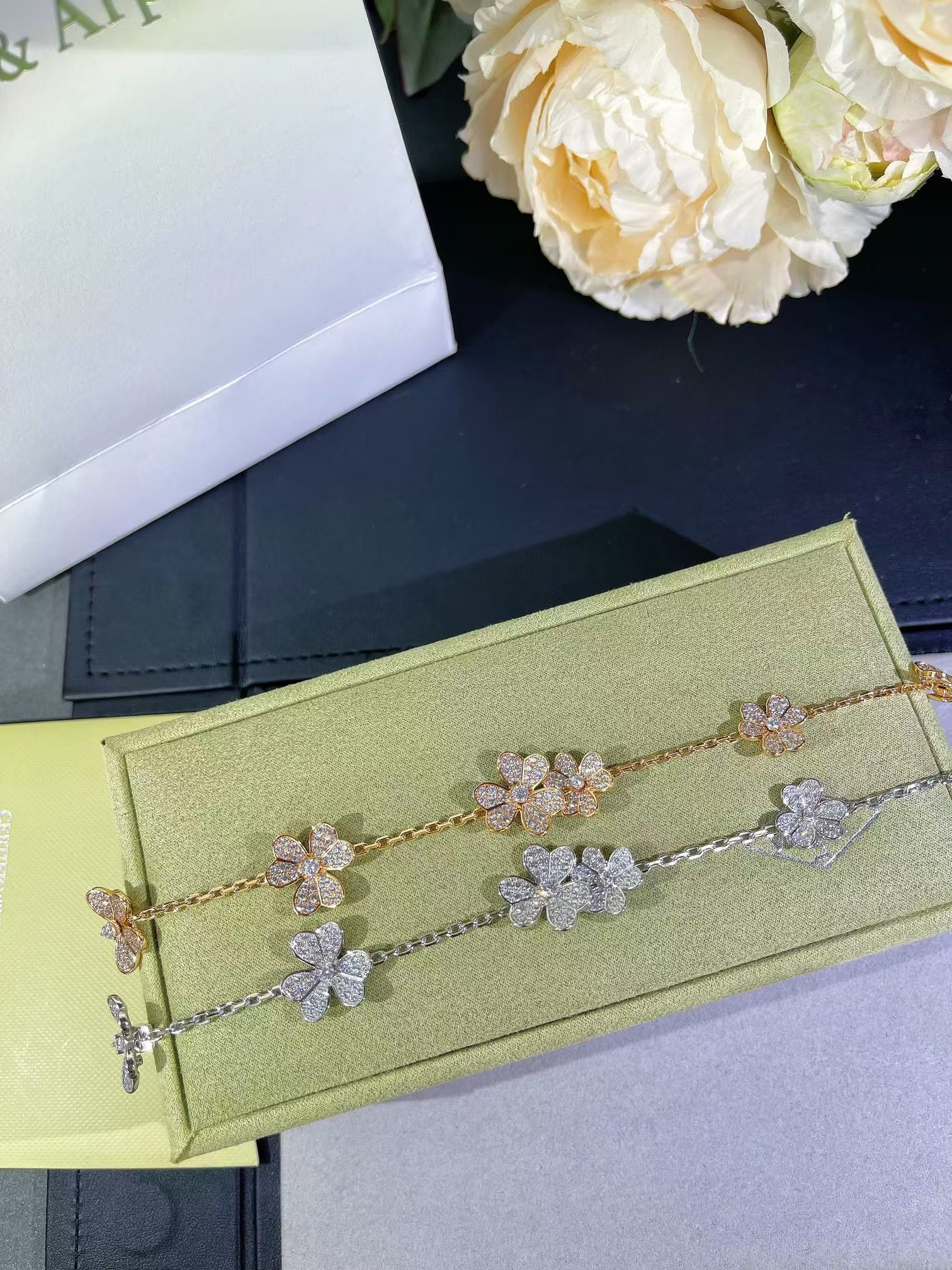 Dupe Van Cleef & Arpels Diamond Paved Frivole Flora Bracelet 5 Motifs